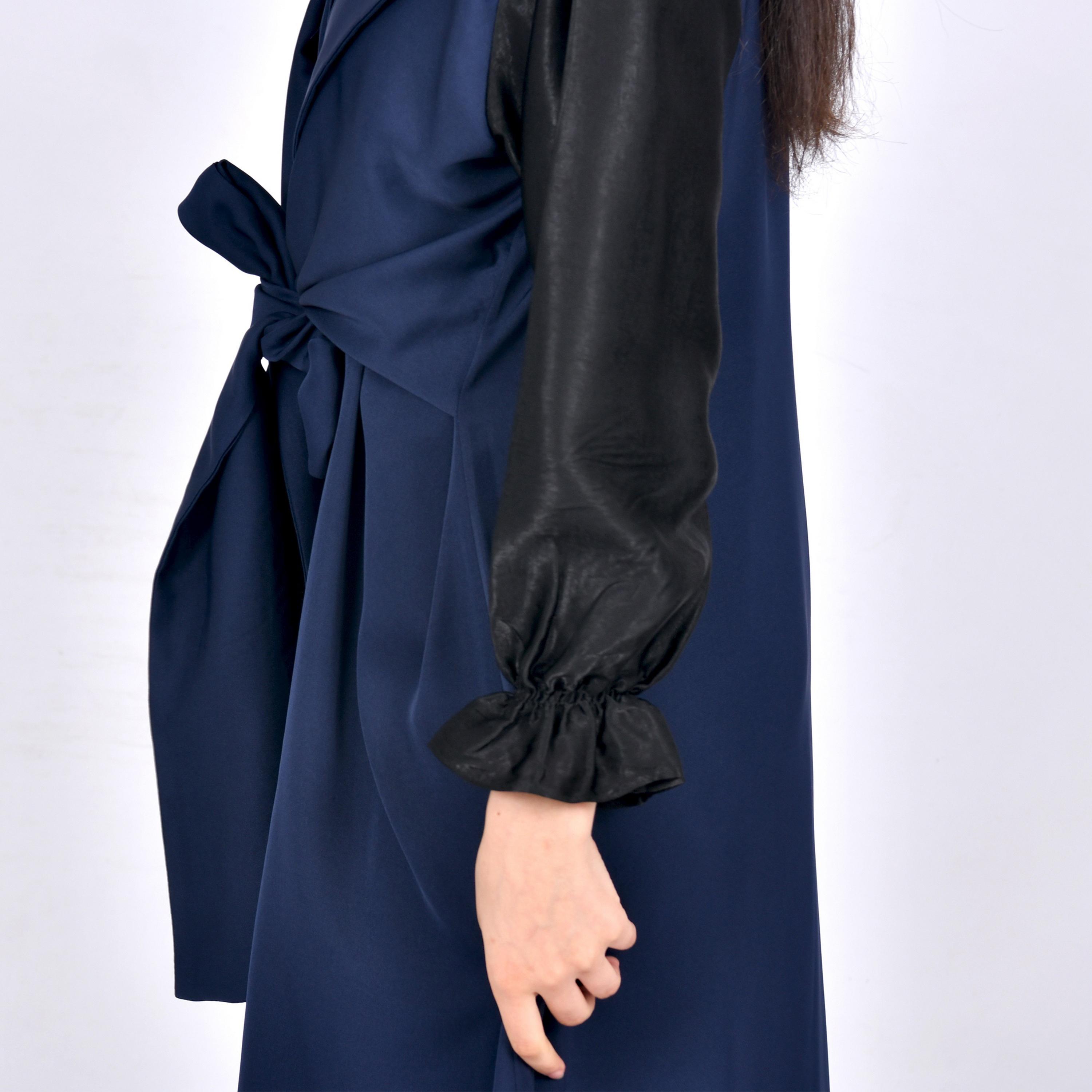 Hawraa Multicolour Colour Blocked Lapel Collar Gathered Sleeves Crepe Girls Abaya with Hijab-girls-arabicclothing-abayas-image-4