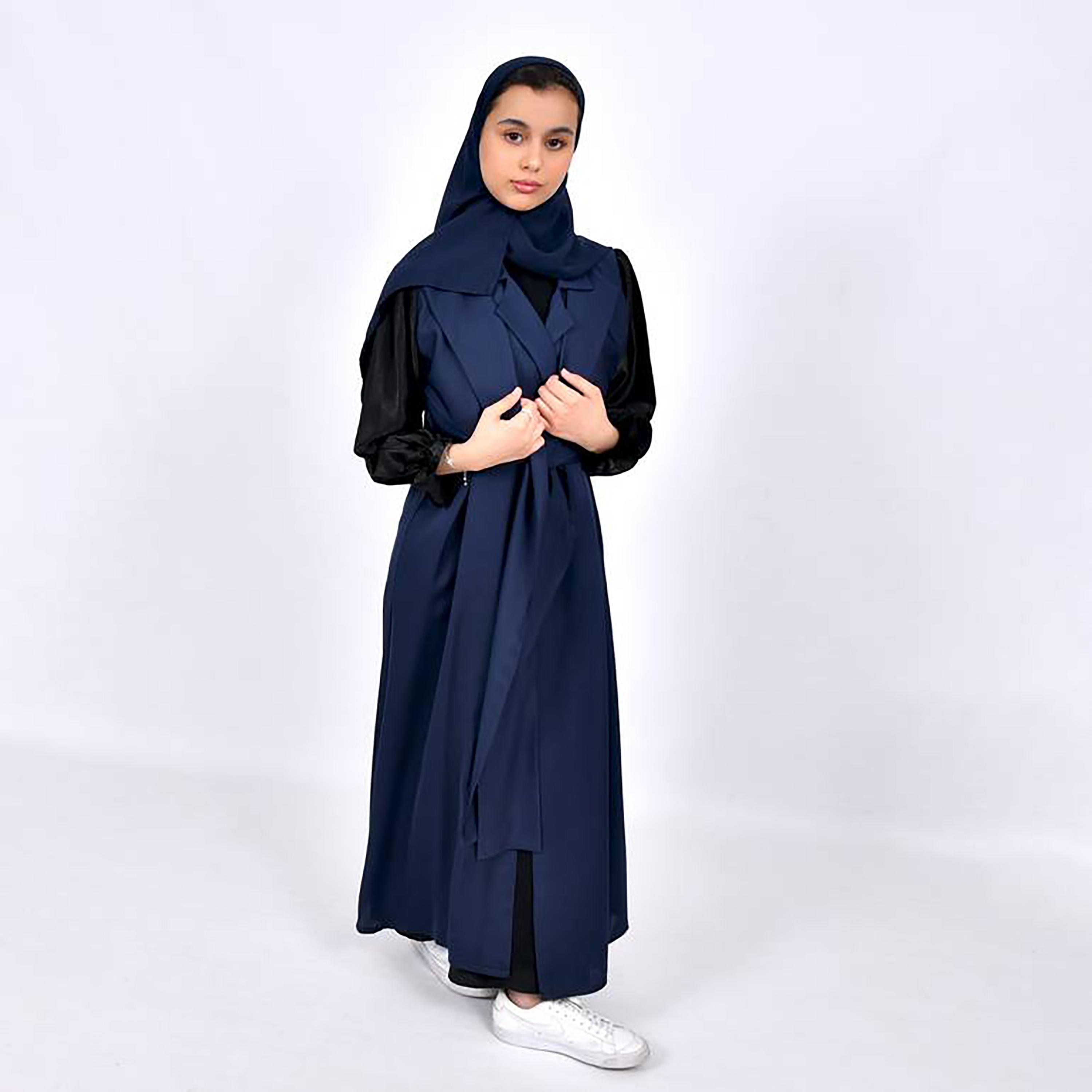 Hawraa Crepe Notched Lapel Pleated Abaya with Hijab-girls-arabicclothing-abayas-image-1