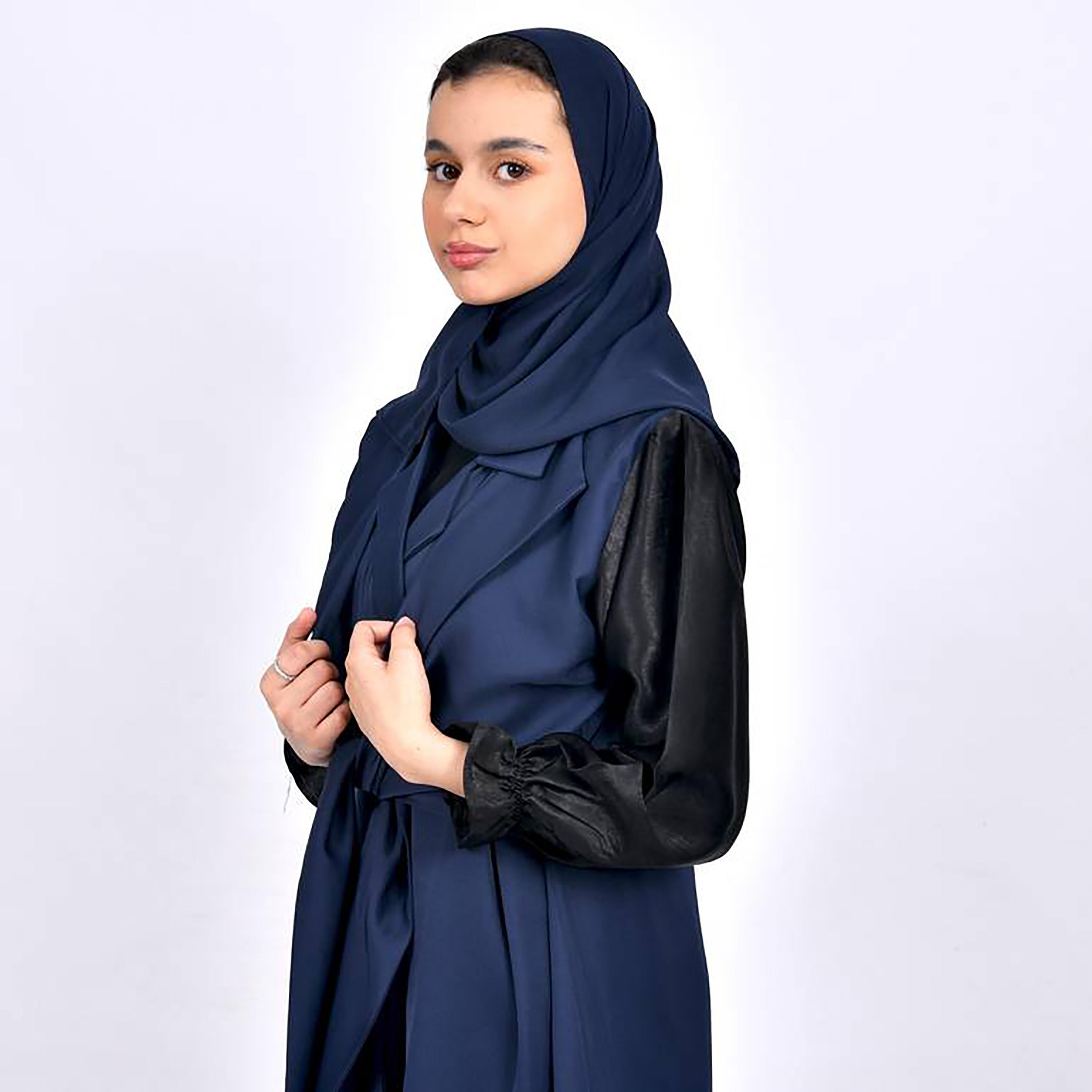 Hawraa Crepe Notched Lapel Pleated Abaya with Hijab-girls-arabicclothing-abayas-image-2