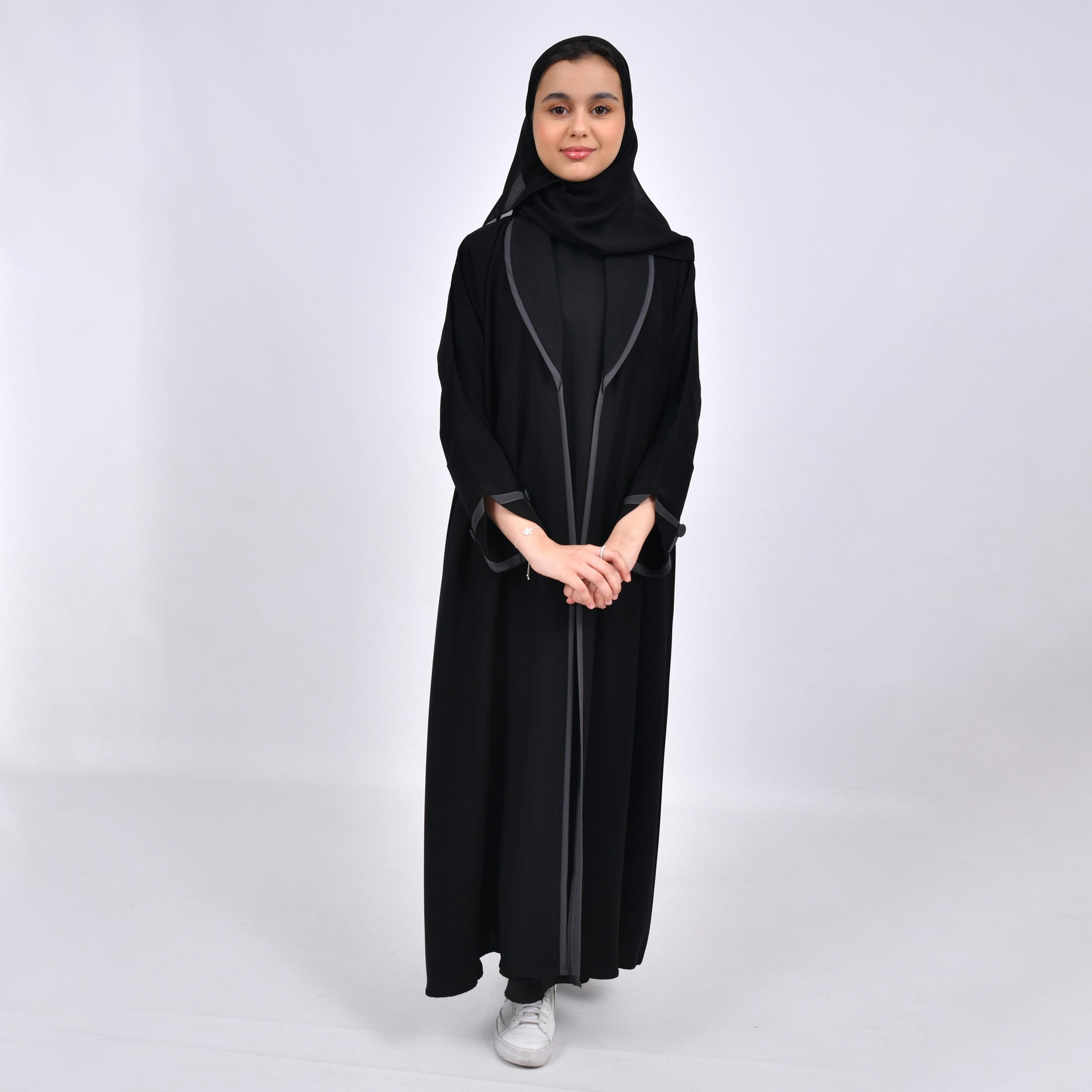 Hawraa Black Lapel Collar Crepe Girls Abaya with Hijab-girls-arabicclothing-abayas-image-1