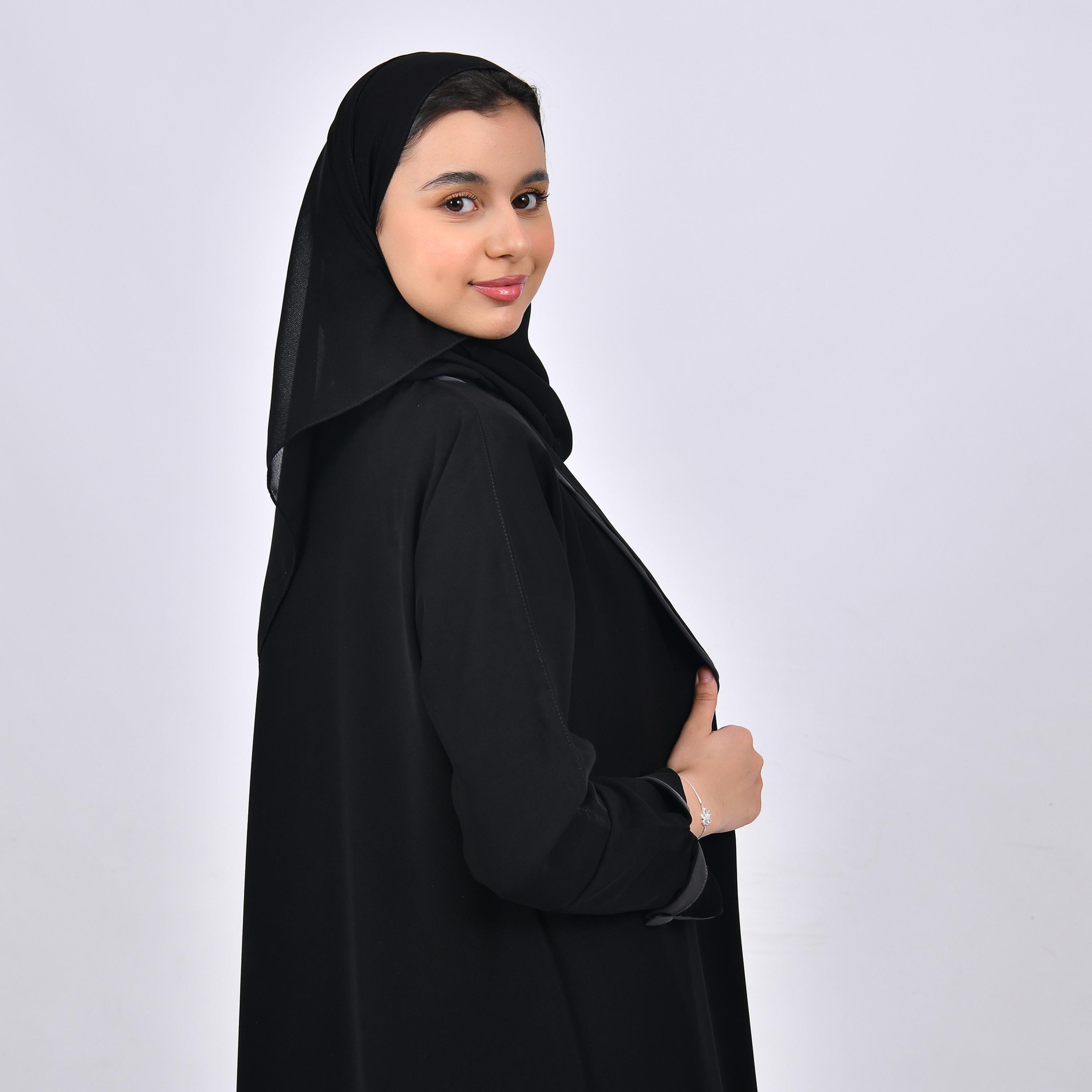 Hawraa Black Lapel Collar Crepe Girls Abaya with Hijab-girls-arabicclothing-abayas-image-2