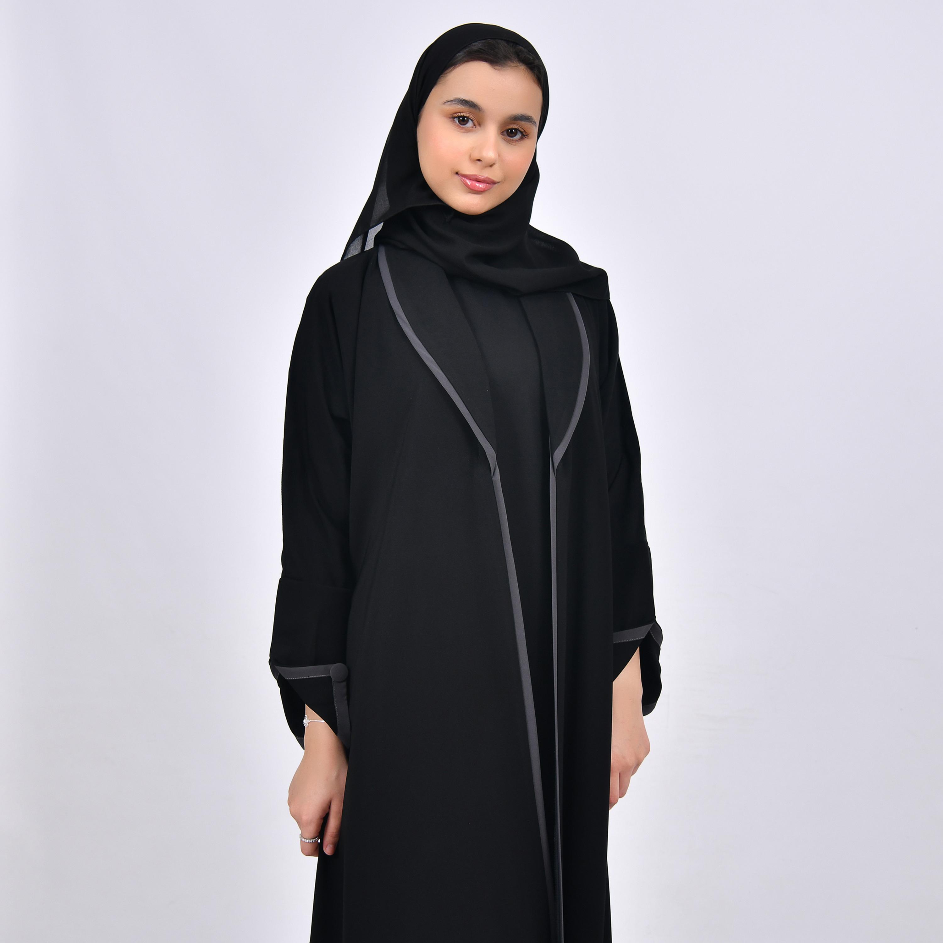 Hawraa Black Lapel Collar Crepe Girls Abaya with Hijab-girls-arabicclothing-abayas-image-4
