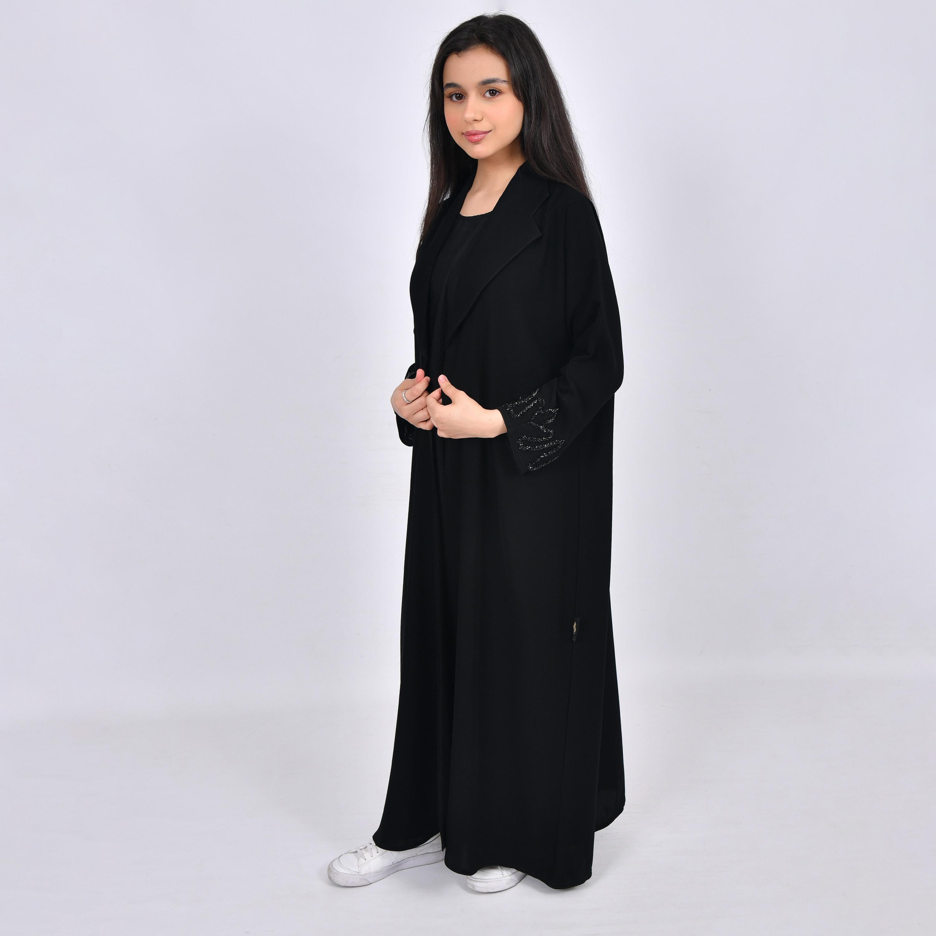 Hawraa Black Lapel Collar Crepe Girls Abaya with Hijab-girls-arabicclothing-abayas-image-1