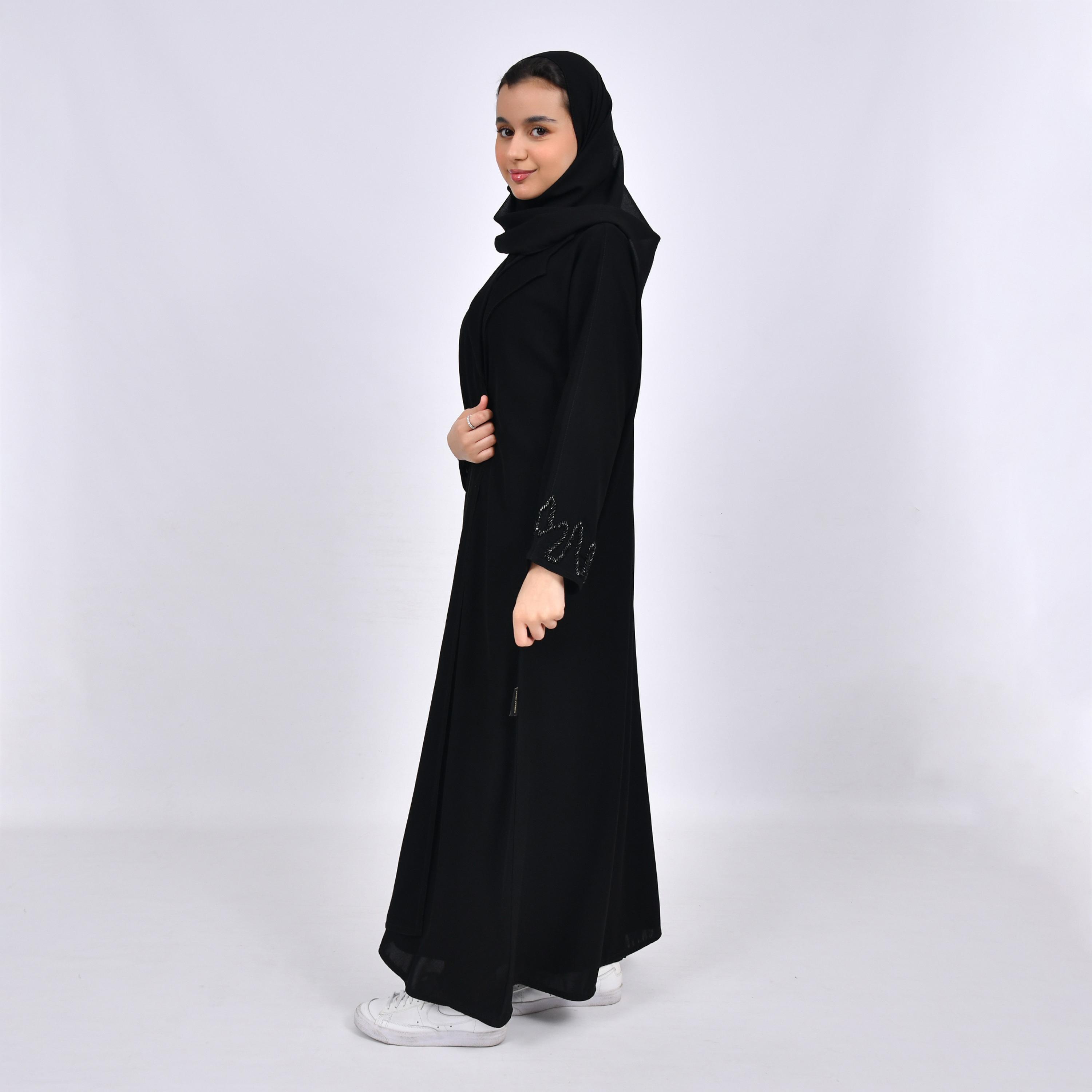 Hawraa Black Lapel Collar Crepe Girls Abaya with Hijab-girls-arabicclothing-abayas-image-2
