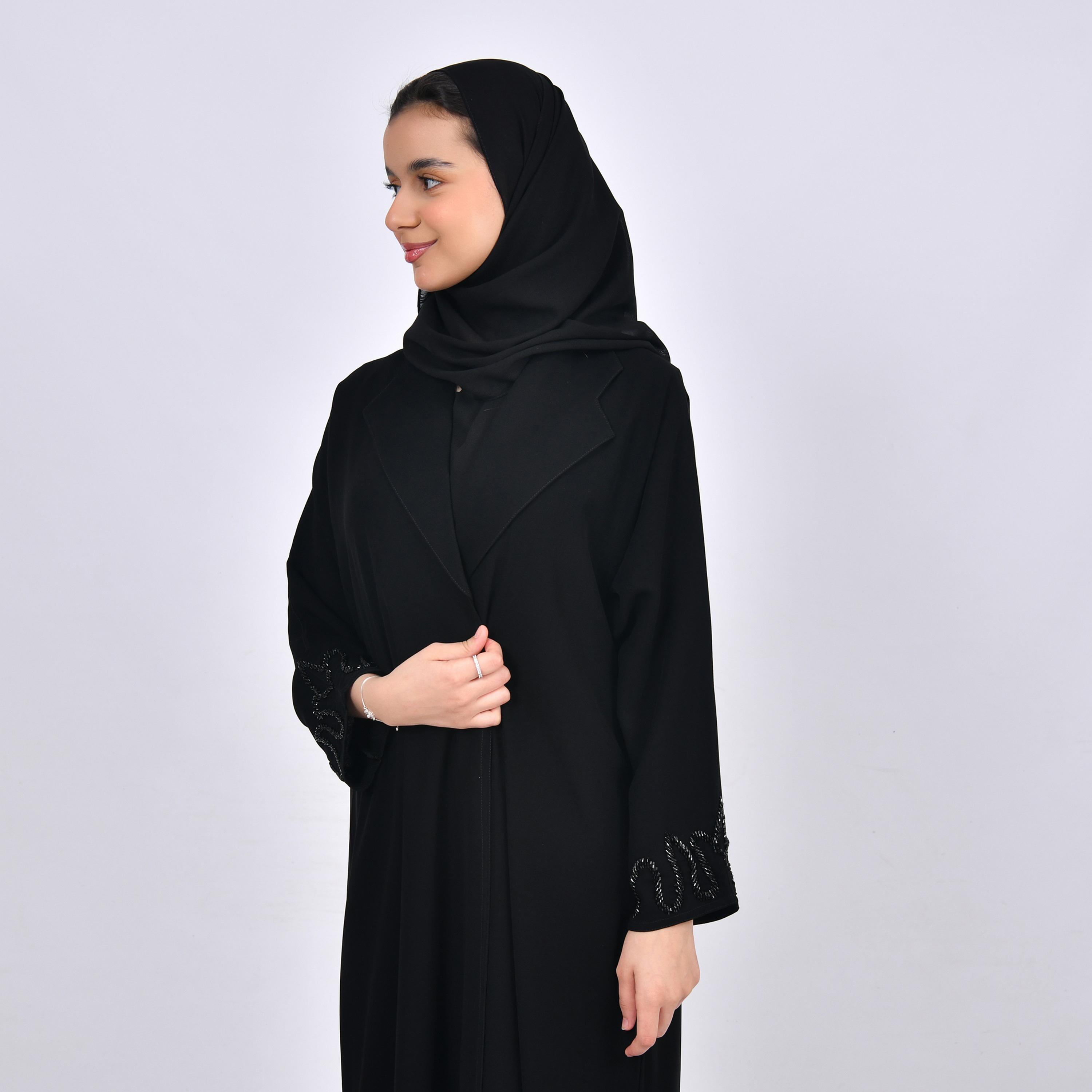 Hawraa Black Lapel Collar Crepe Girls Abaya with Hijab-girls-arabicclothing-abayas-image-3