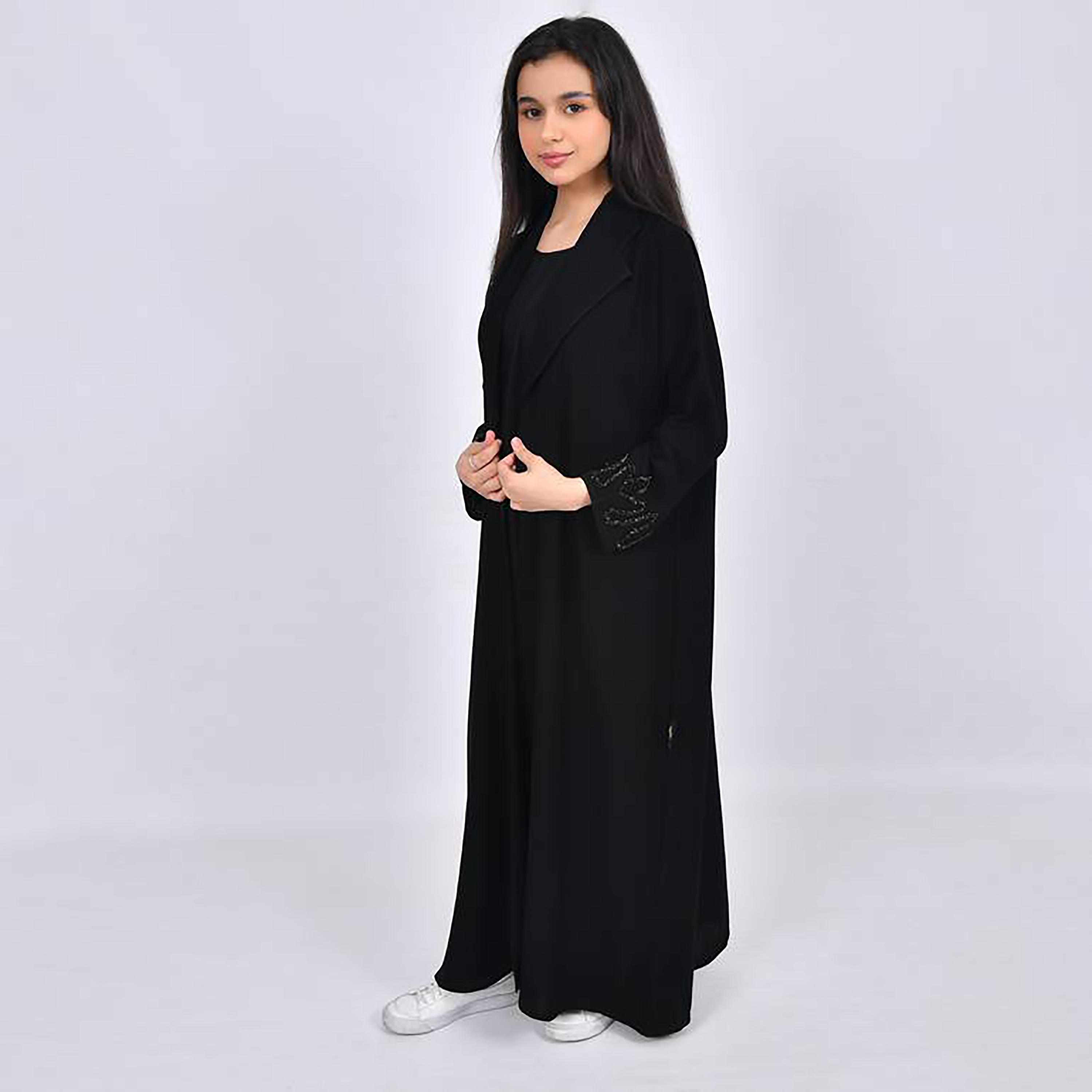 Hawraa Crepe Notched Lapel Beaded Detailed Sleeves Abaya with Hijab-girls-arabicclothing-prayer-image-1