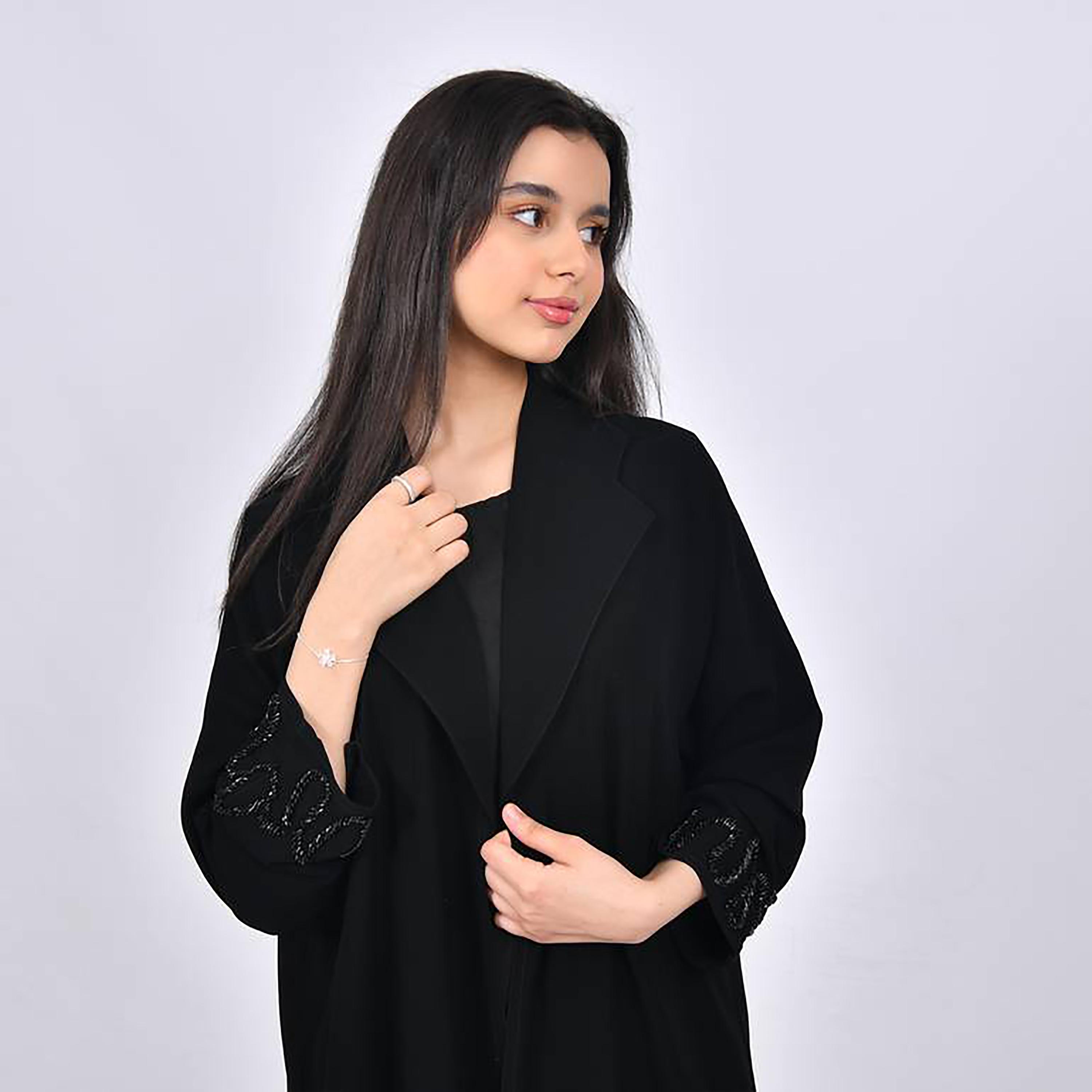 Hawraa Crepe Notched Lapel Beaded Detailed Sleeves Abaya with Hijab-girls-arabicclothing-abayas-image-2