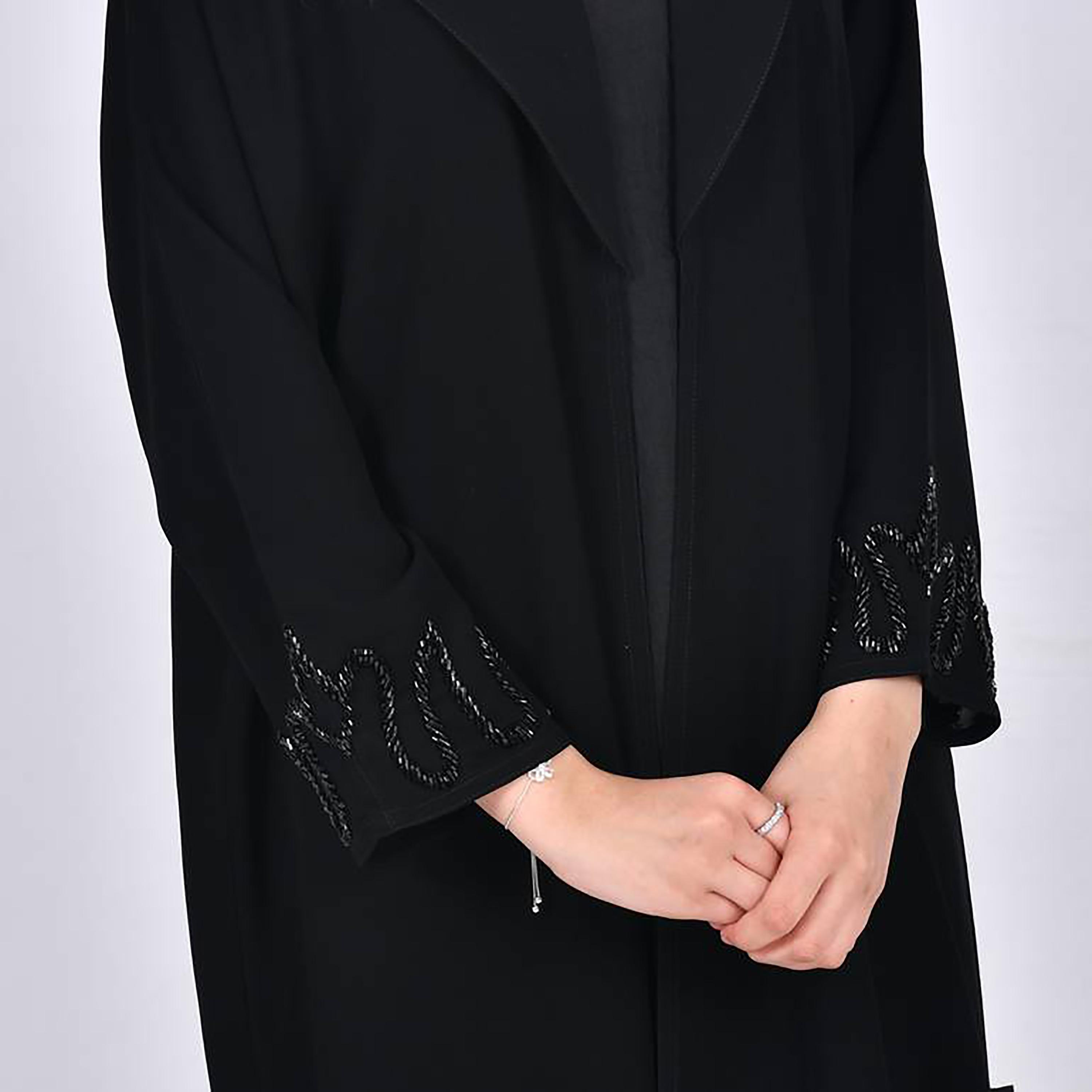 Hawraa Crepe Notched Lapel Beaded Detailed Sleeves Abaya with Hijab-girls-arabicclothing-abayas-image-3