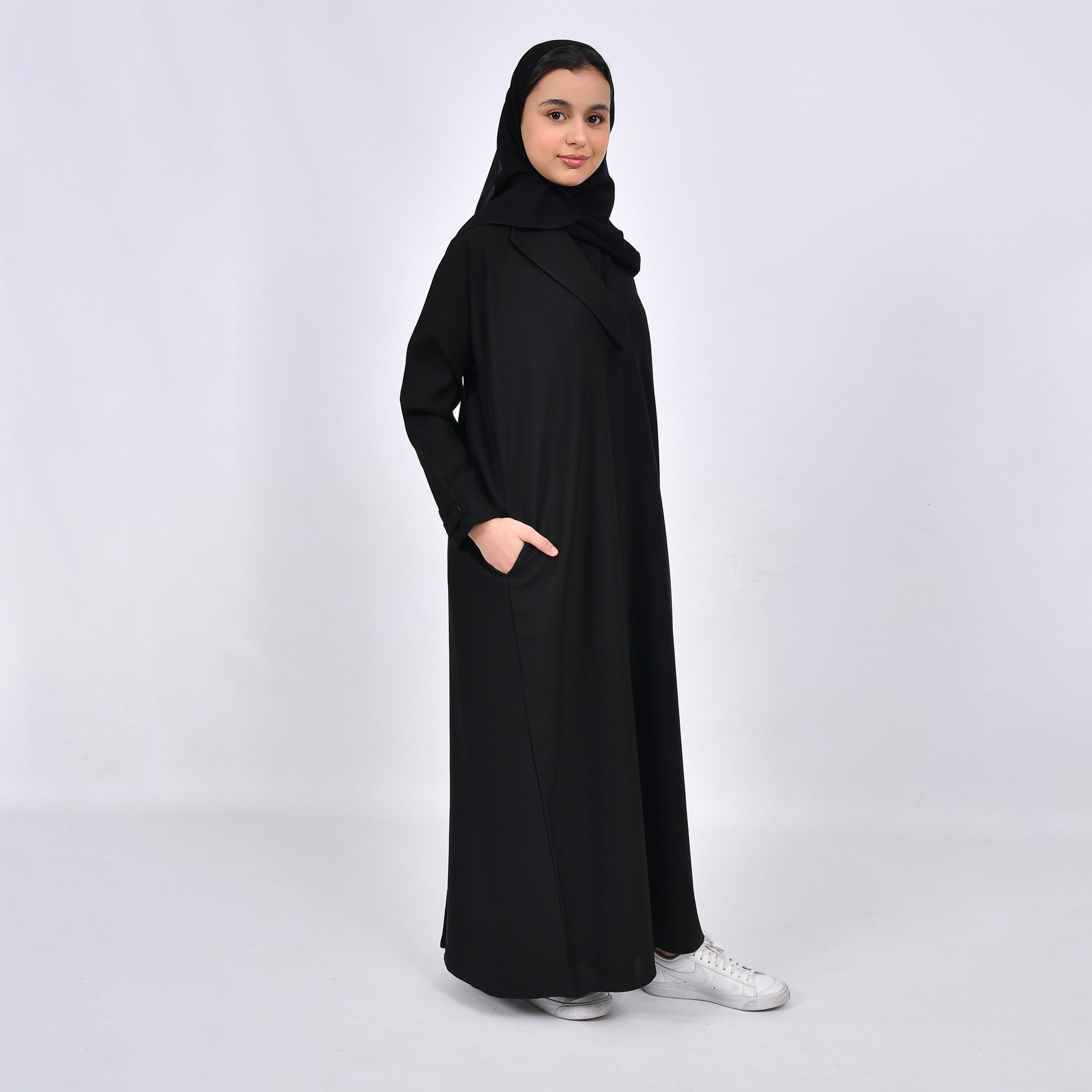 Hawraa Black Lapel Collar Crepe Girls Abaya with Hijab-girls-arabicclothing-abayas-image-1