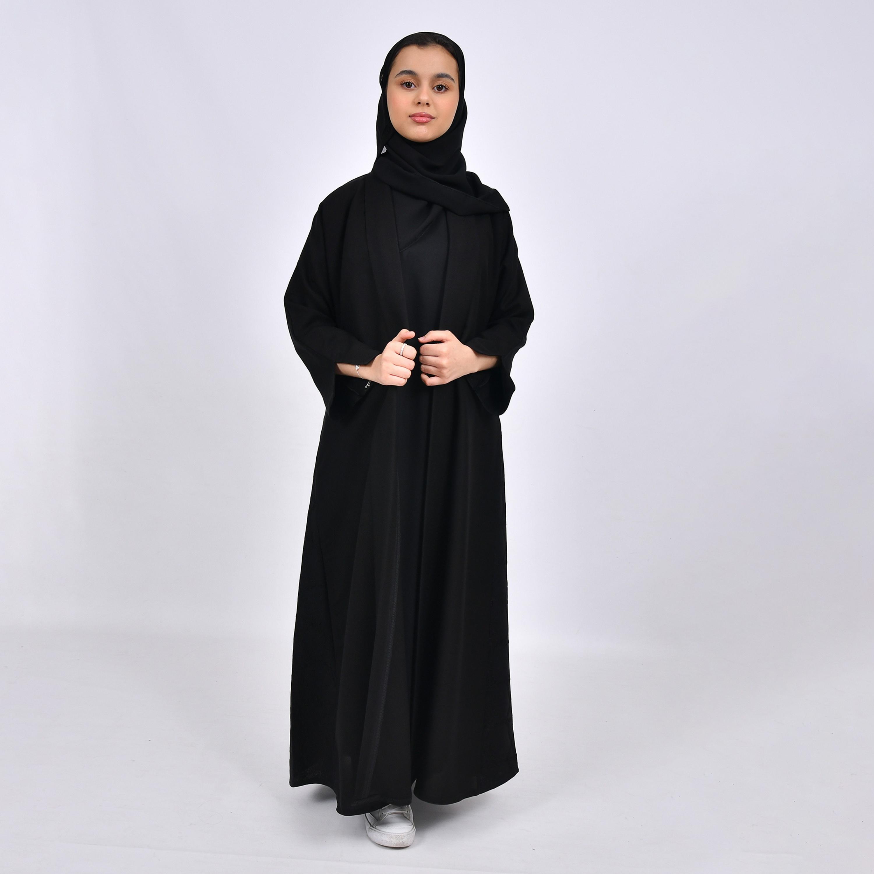 Hawraa Black Crepe Girls Cloche Abaya with Hijab-girls-arabicclothing-abayas-image-1