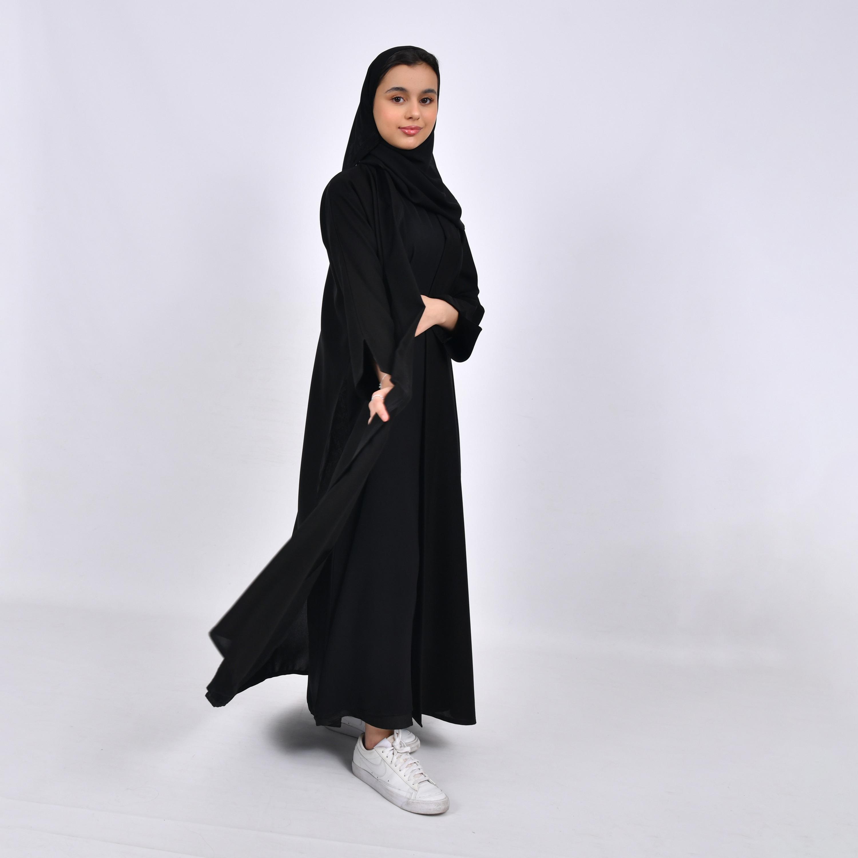 Hawraa Black Crepe Girls Cloche Abaya with Hijab-girls-arabicclothing-abayas-image-2