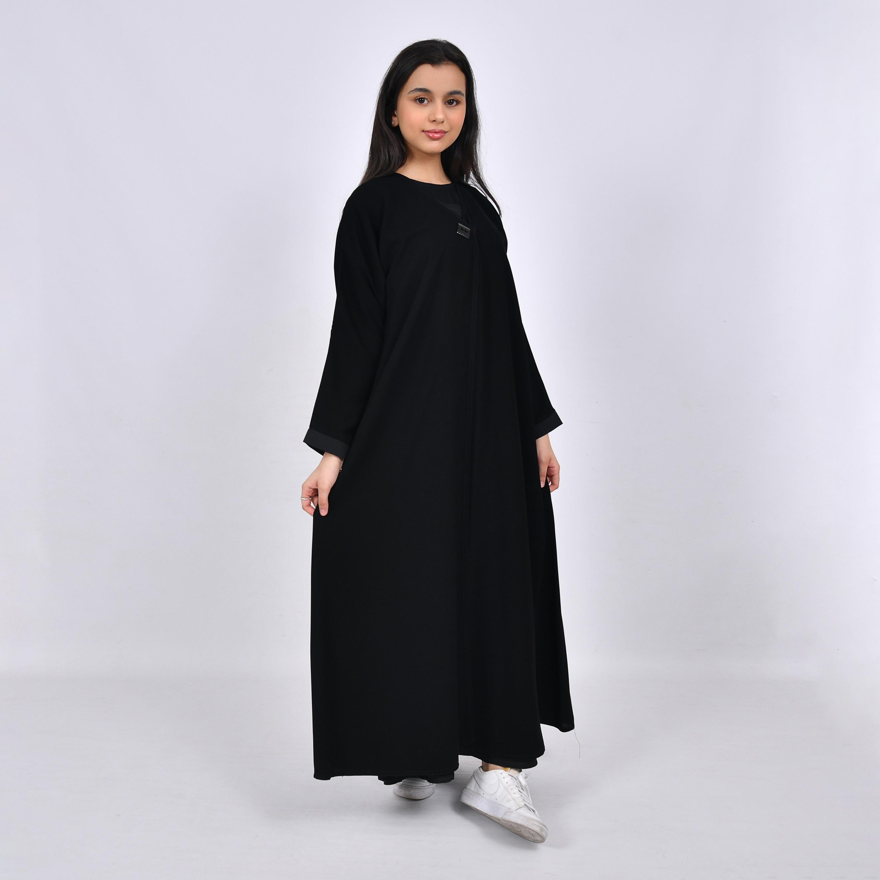 Hawraa Buttoned Black Crepe Girls Abaya with Hijab-girls-arabicclothing-abayas-image-1
