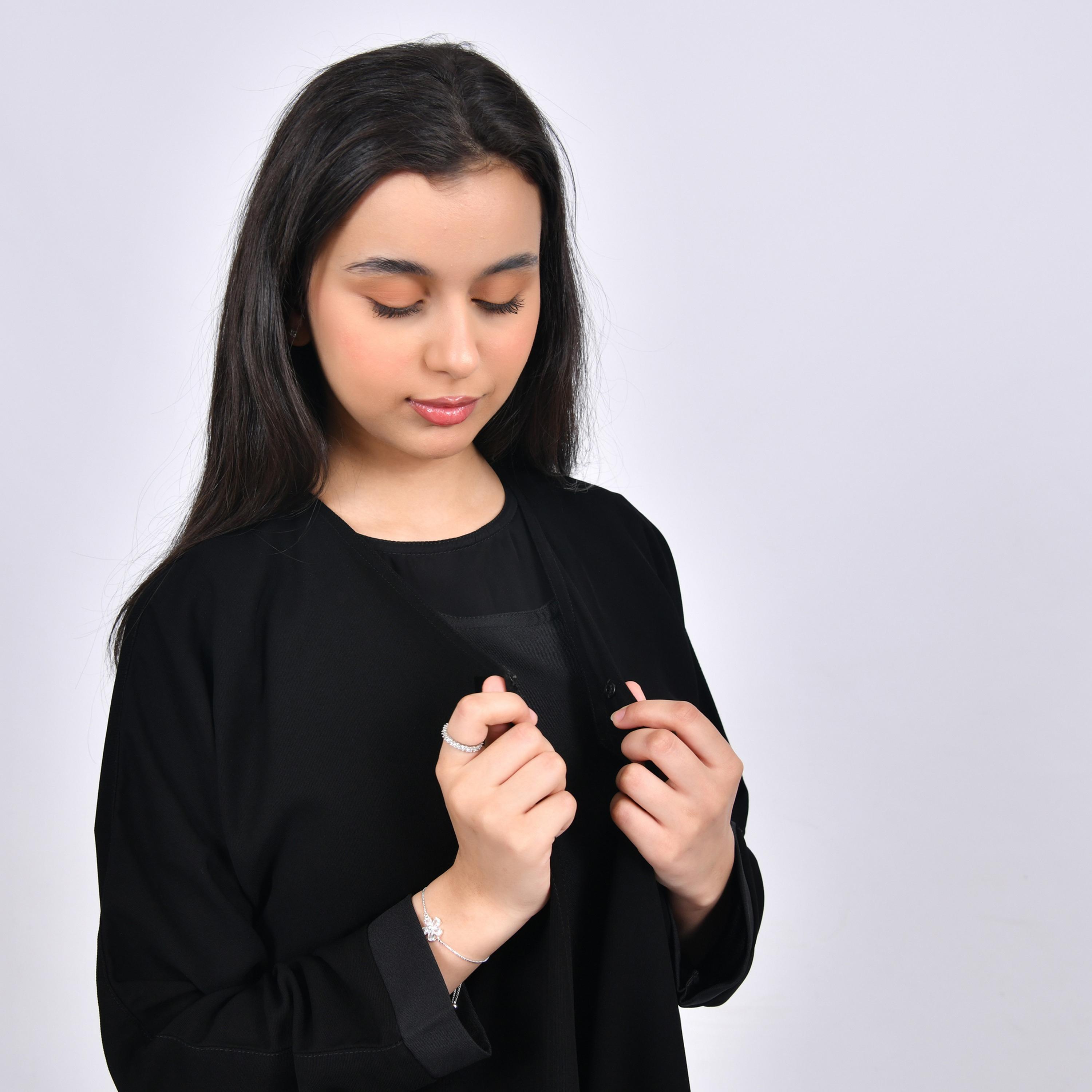 Hawraa Buttoned Black Crepe Girls Abaya with Hijab-girls-arabicclothing-abayas-image-2