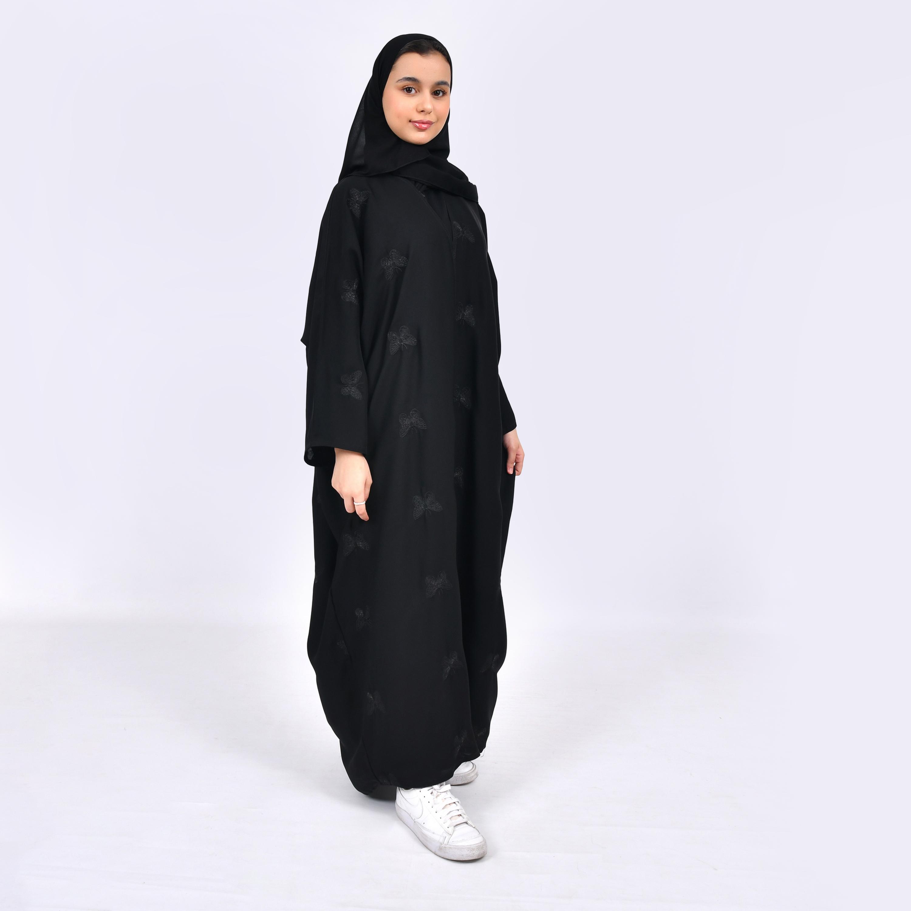 Hawraa Black Embroidered Crepe Girls Abaya with Hijab-girls-arabicclothing-abayas-image-1