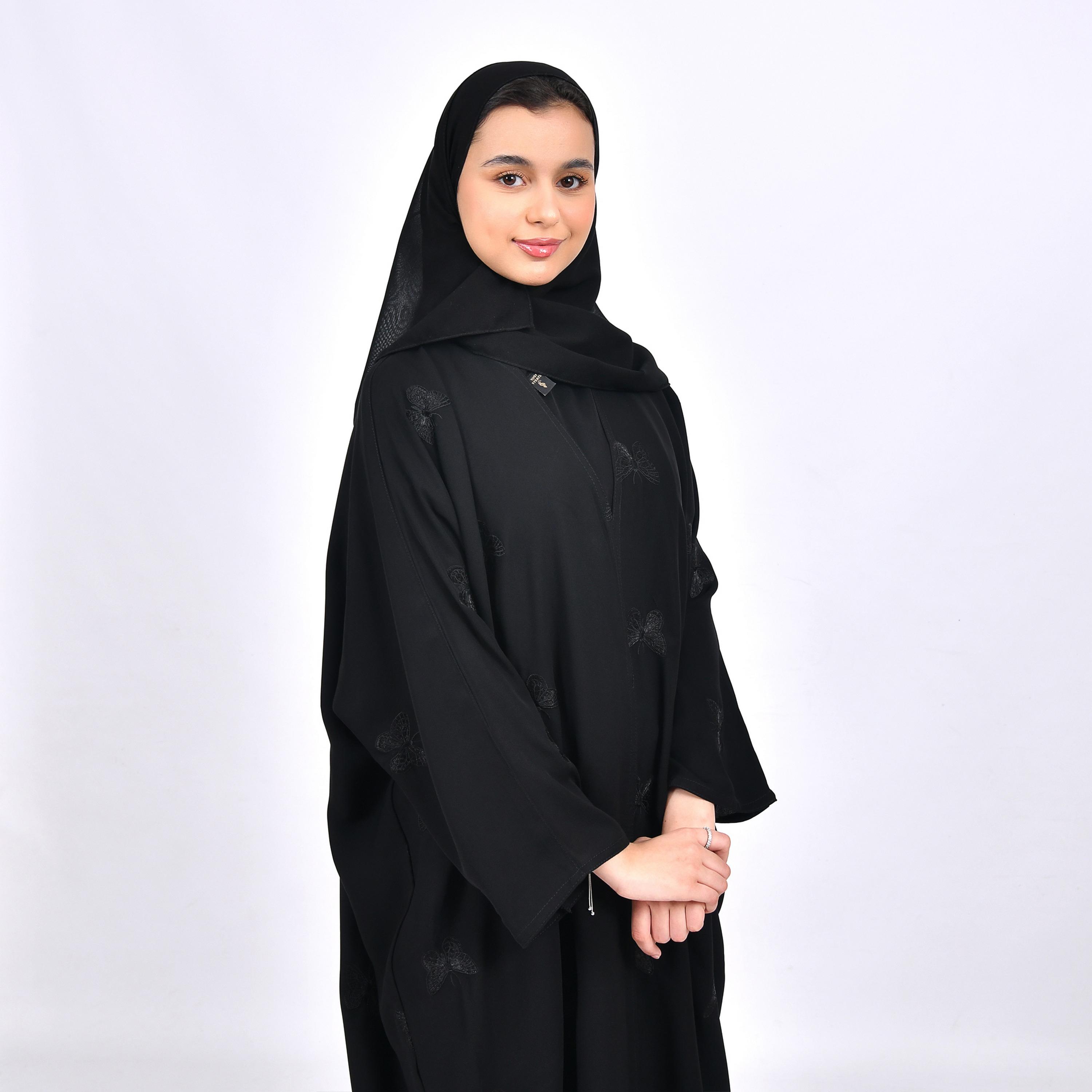 Hawraa Black Embroidered Crepe Girls Abaya with Hijab-girls-arabicclothing-abayas-image-2