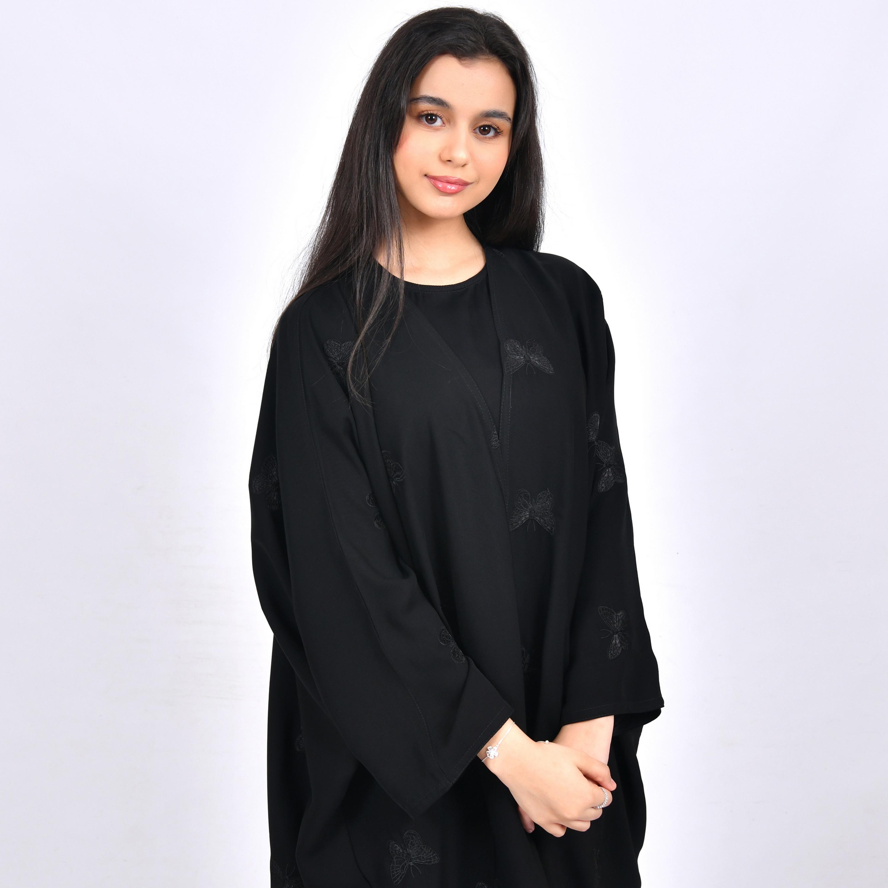 Hawraa Black Embroidered Crepe Girls Abaya with Hijab-girls-arabicclothing-abayas-image-4