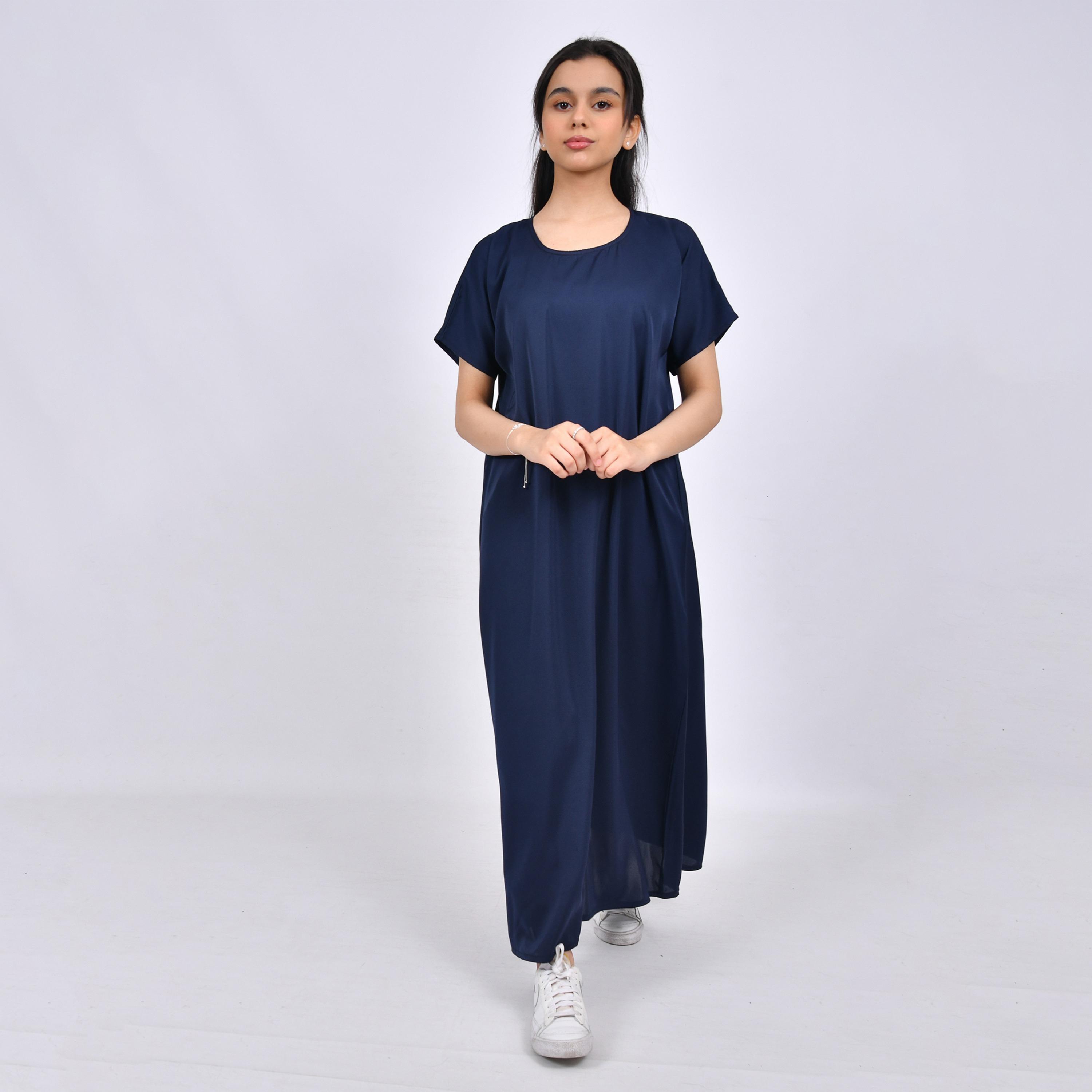 Hawraa Blue Scoop Neck Crepe Girls Abaya with Hijab Dress-girls-arabicclothing-abayas-image-1