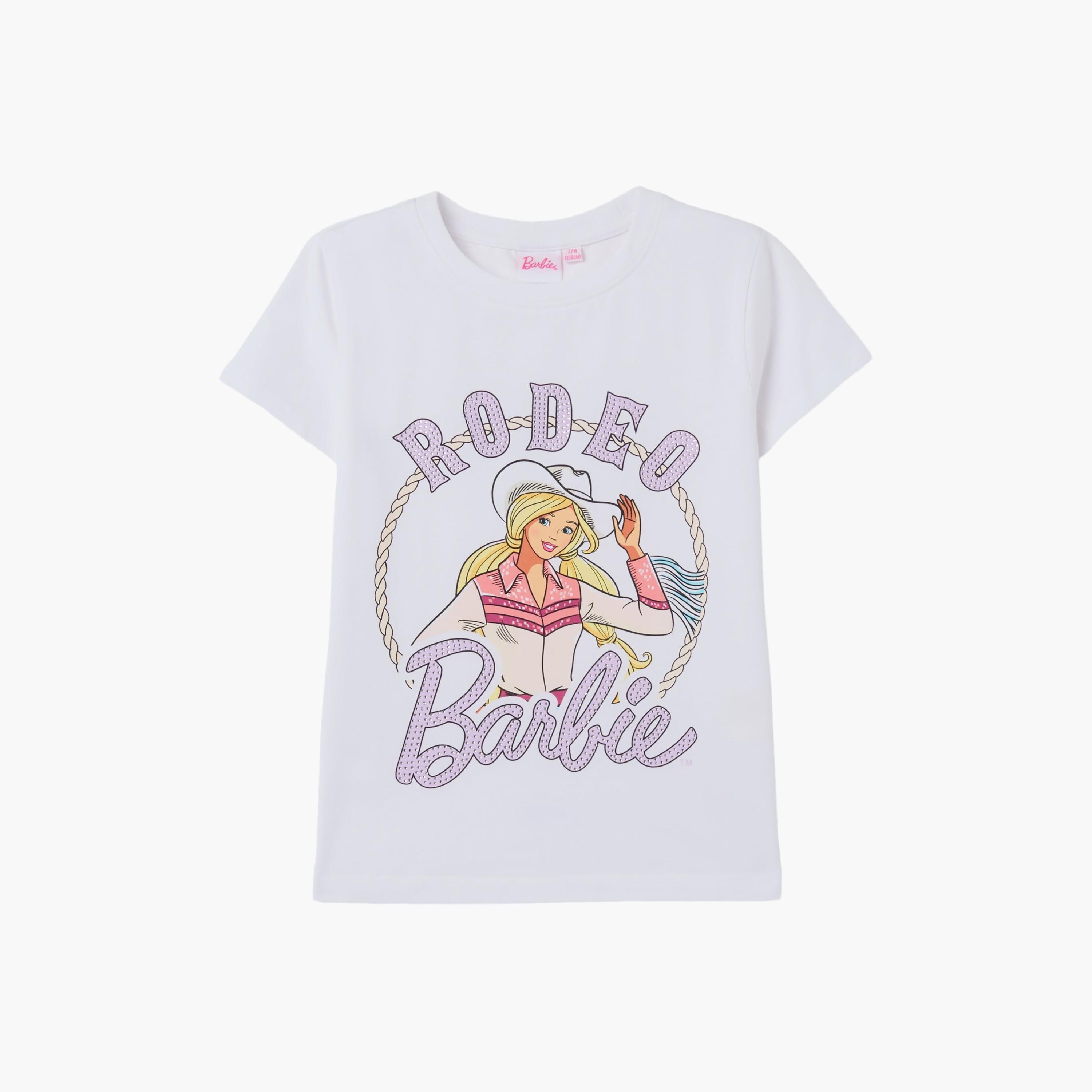 تيشيرت قطن بطبعة "باربي" بأكمام قصيرة من اوه في اس-girls-clothing-tshirts-image-1