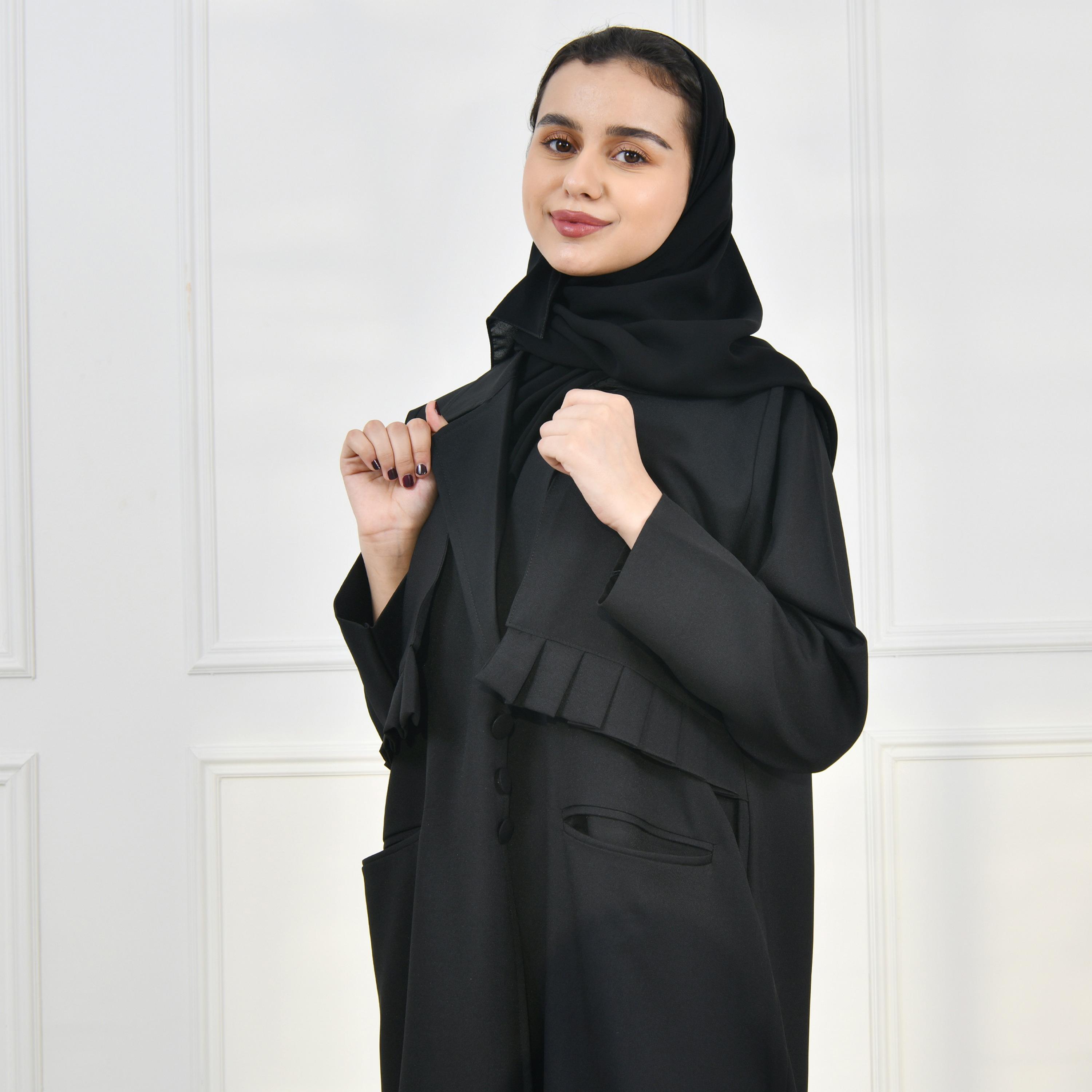 Hawraa Black Lapel Collar Girls Abaya with Hijab-girls-arabicclothing-abayas-image-2