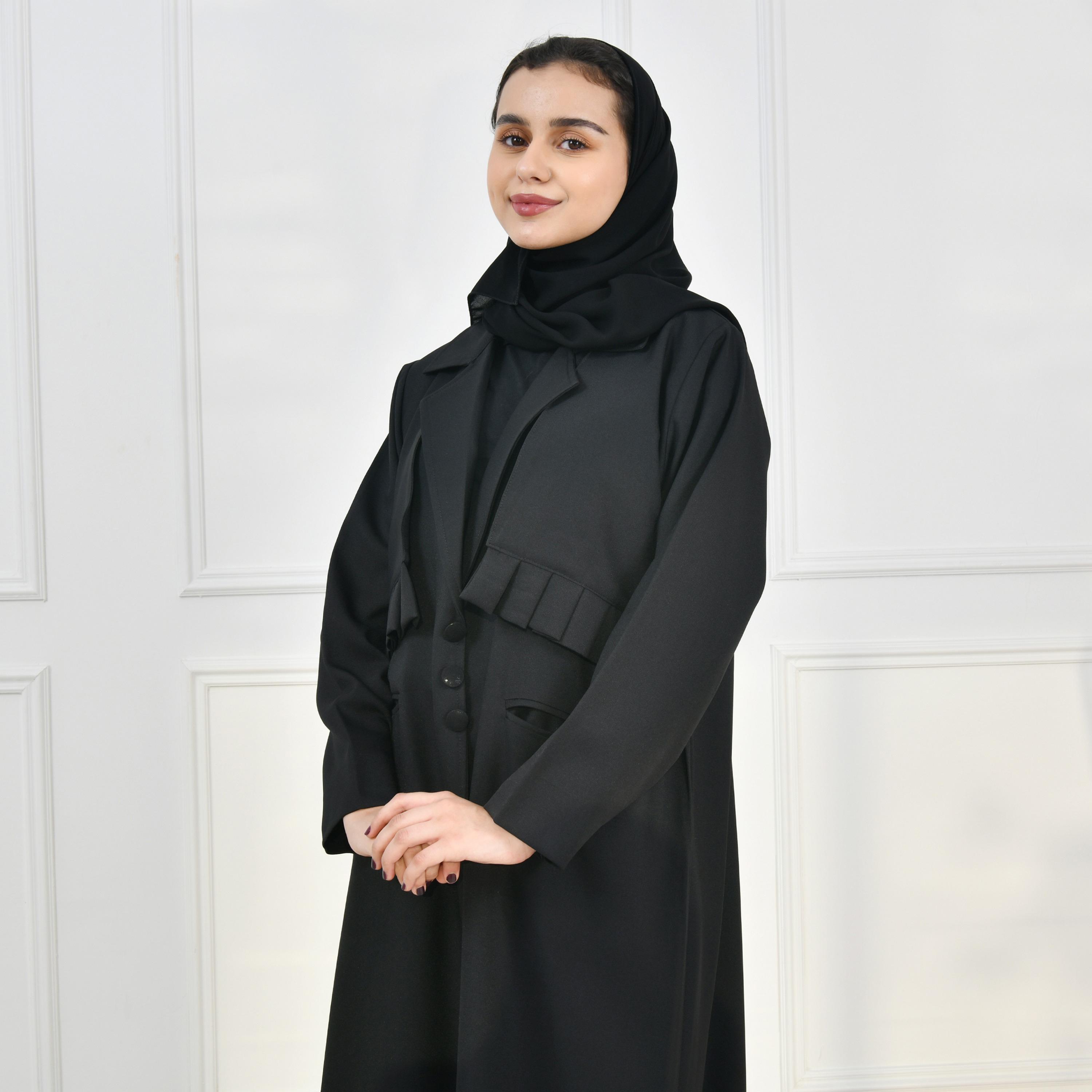 Hawraa Black Lapel Collar Girls Abaya with Hijab-girls-arabicclothing-abayas-image-4