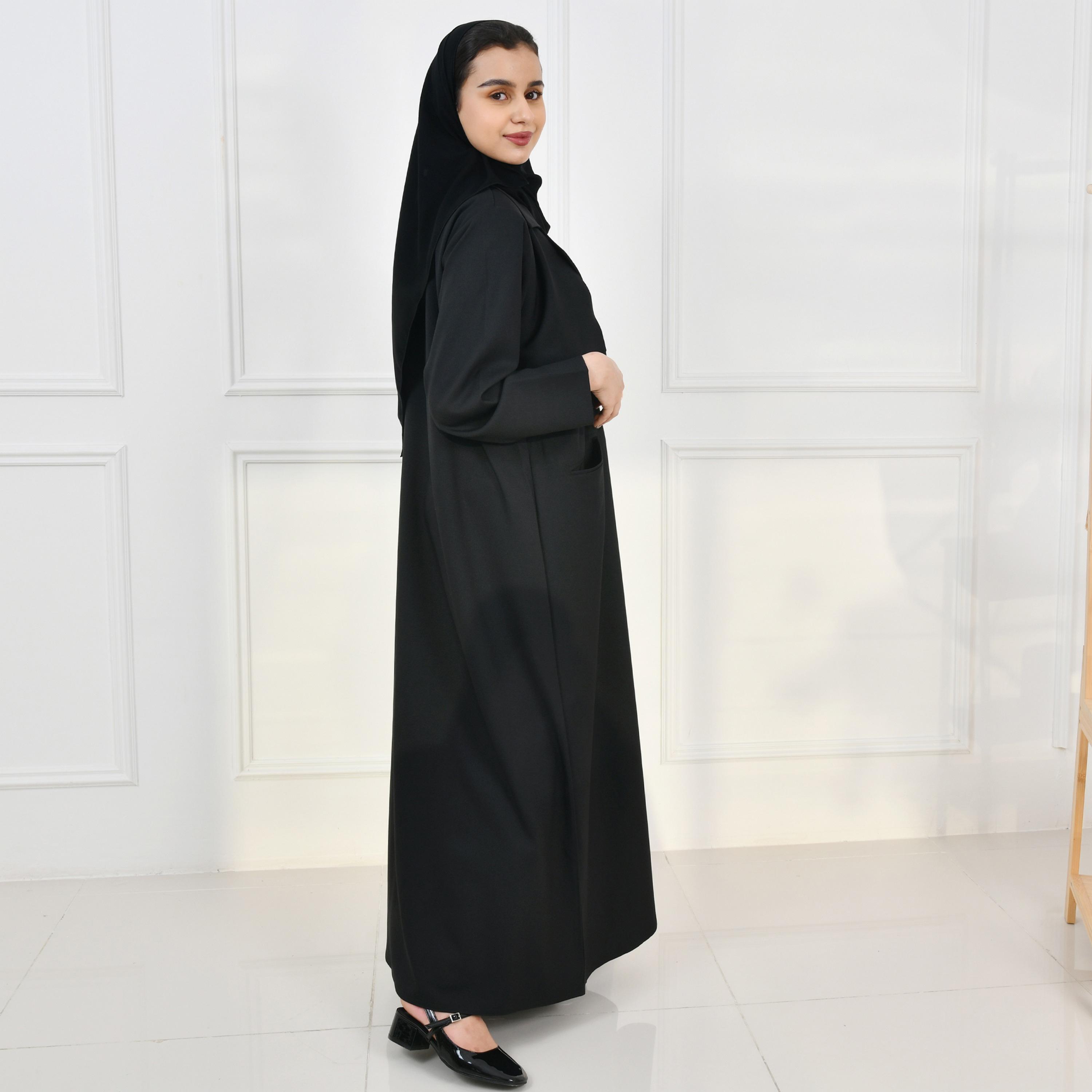 Hawraa Black Lapel Collar Girls Abaya with Hijab-girls-arabicclothing-abayas-image-5