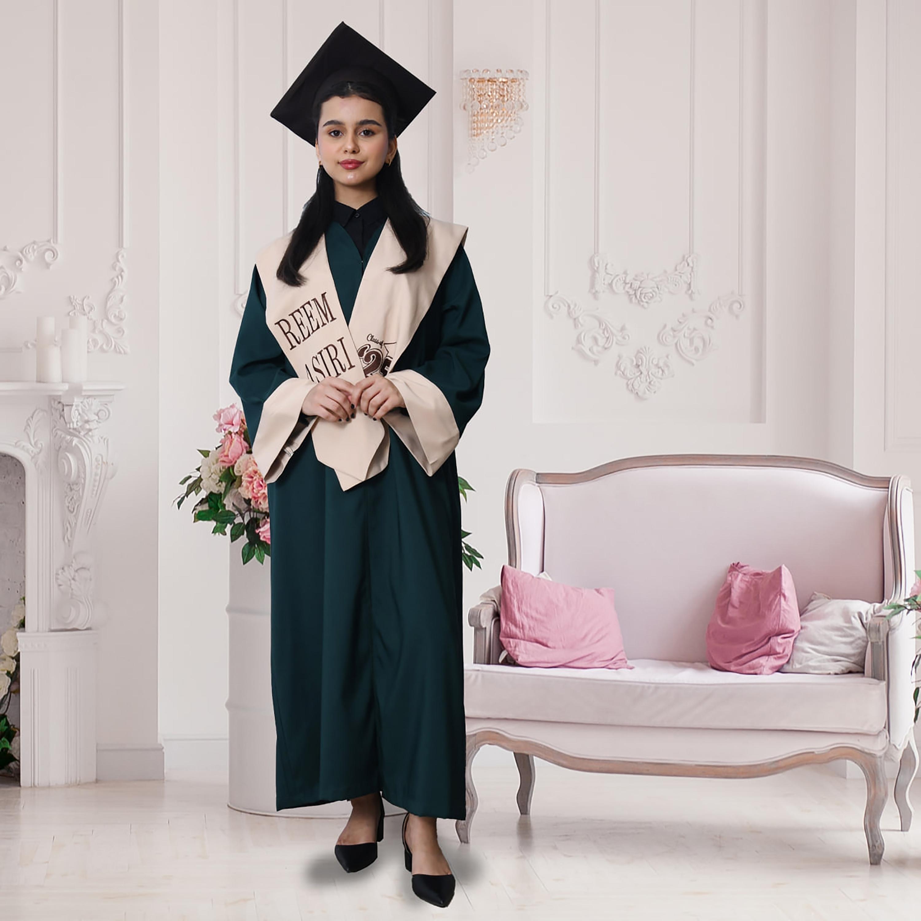 Hawraa 3-Piece Green Flared Cuff Sleeves Linen Formal Girls Graduation Abaya and Stole with Cap Set-girls-arabicclothing-abayas-image-1