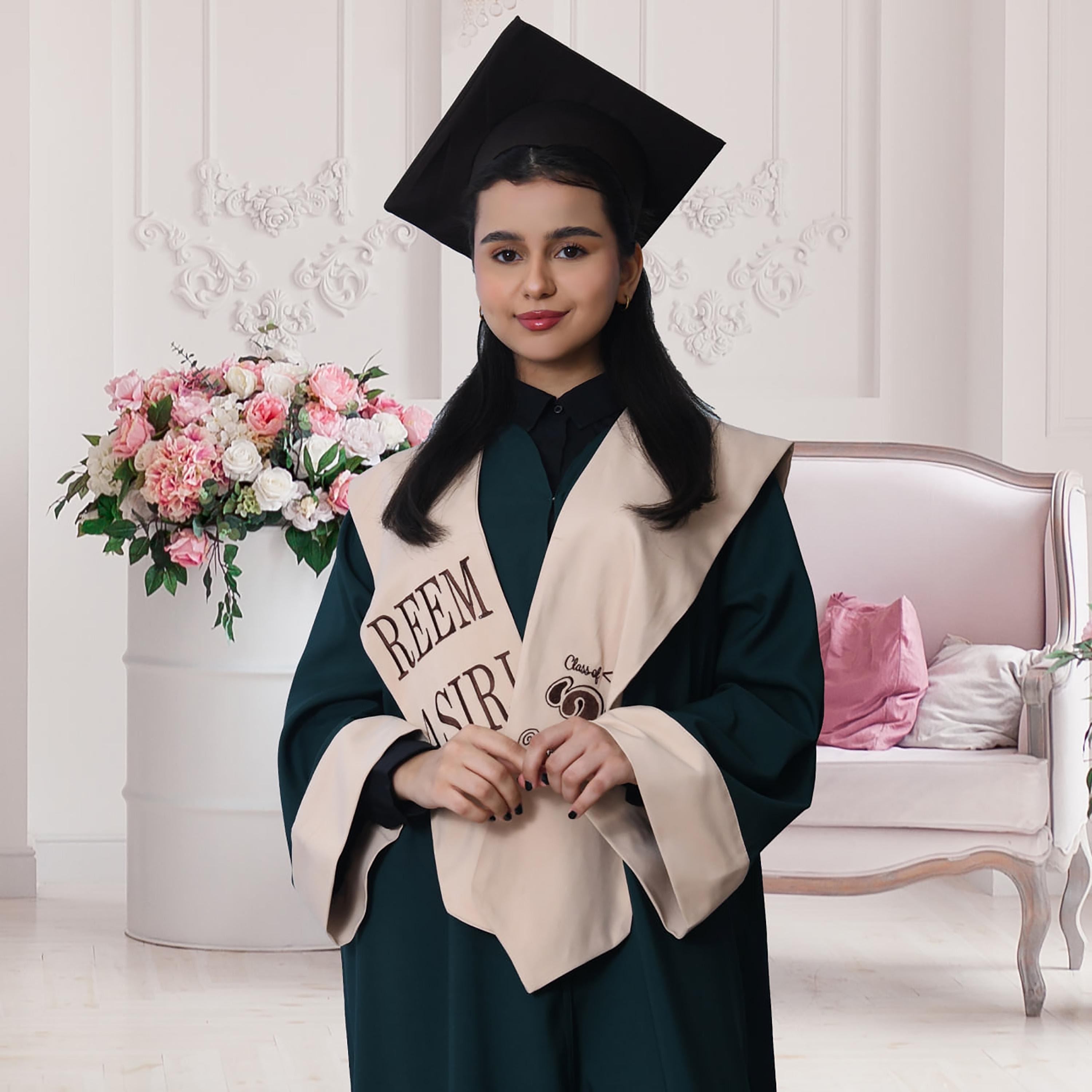 Hawraa 3-Piece Green Flared Cuff Sleeves Linen Formal Girls Graduation Abaya and Stole with Cap Set-girls-arabicclothing-abayas-image-2