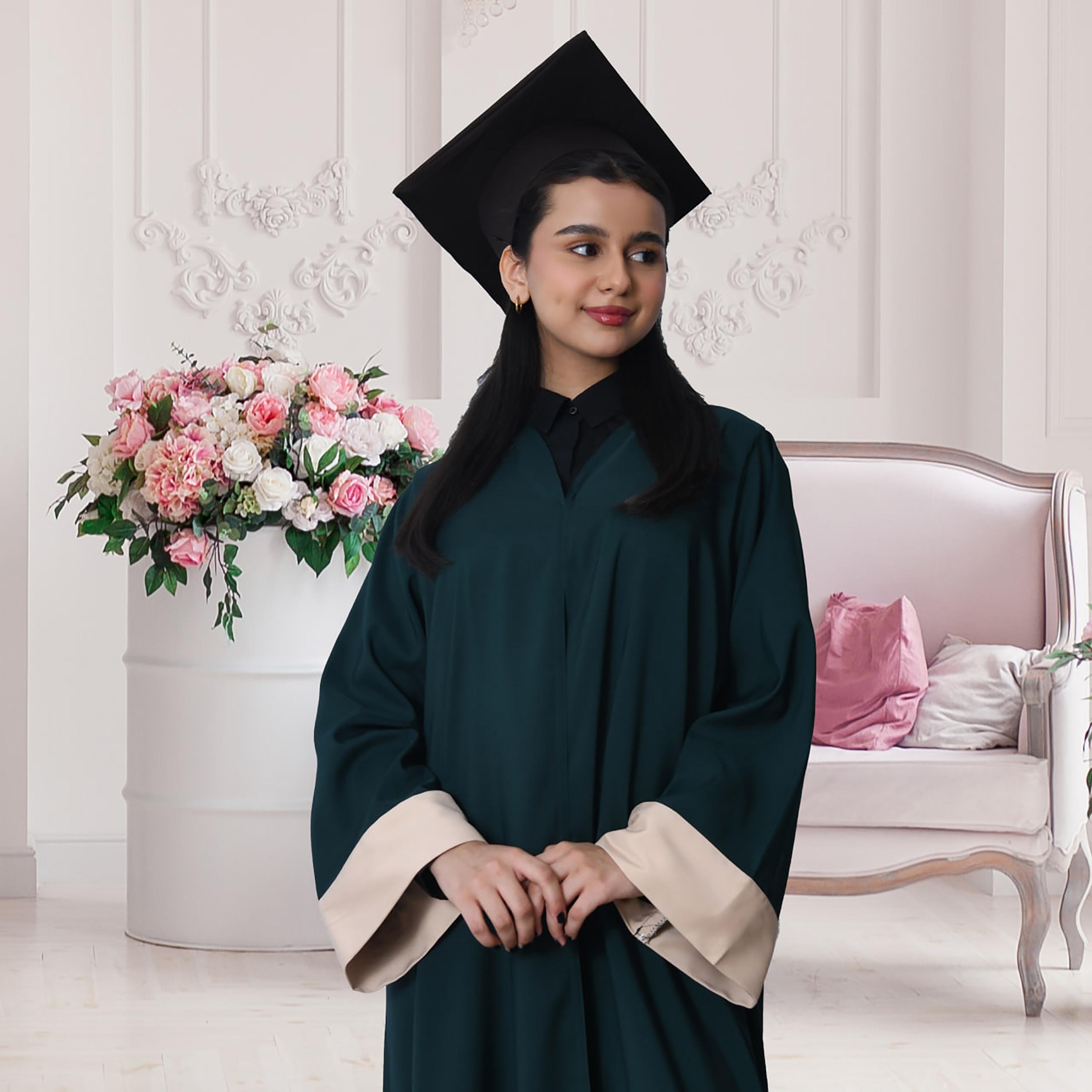 Hawraa 3-Piece Green Flared Cuff Sleeves Linen Formal Girls Graduation Abaya and Stole with Cap Set-girls-arabicclothing-abayas-image-3
