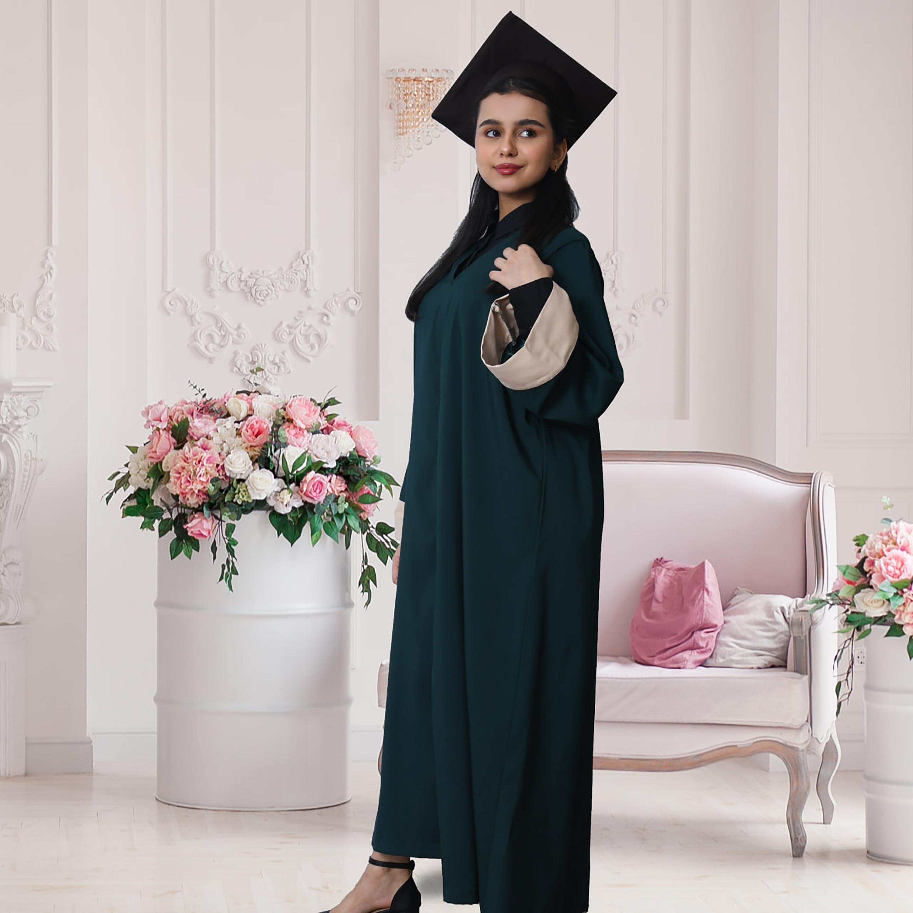 Hawraa 3-Piece Green Flared Cuff Sleeves Linen Formal Girls Graduation Abaya and Stole with Cap Set-girls-arabicclothing-abayas-image-4