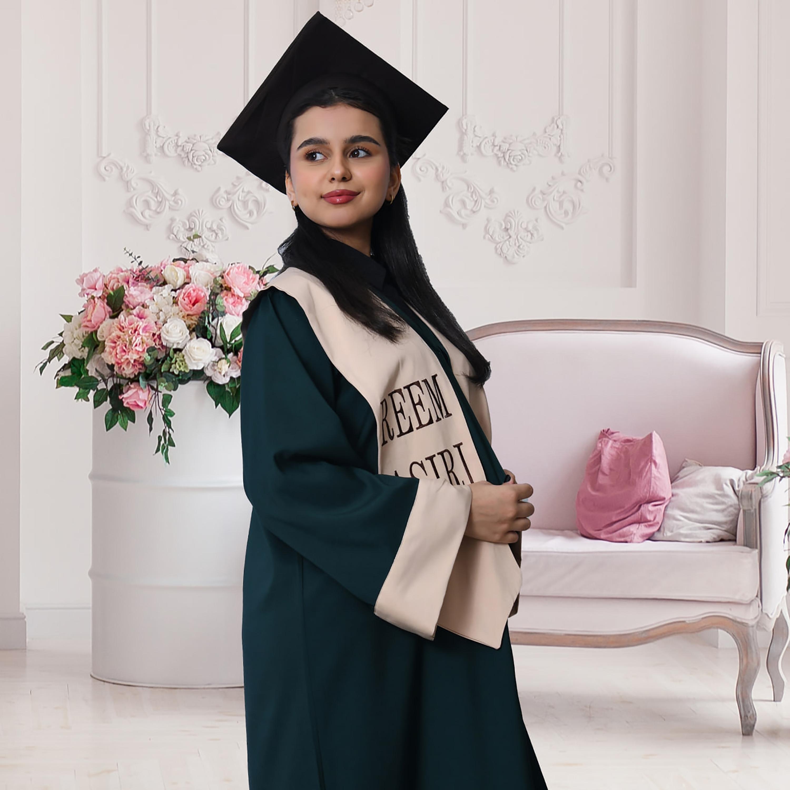 Hawraa 3-Piece Green Flared Cuff Sleeves Linen Formal Girls Graduation Abaya and Stole with Cap Set-girls-arabicclothing-abayas-image-5
