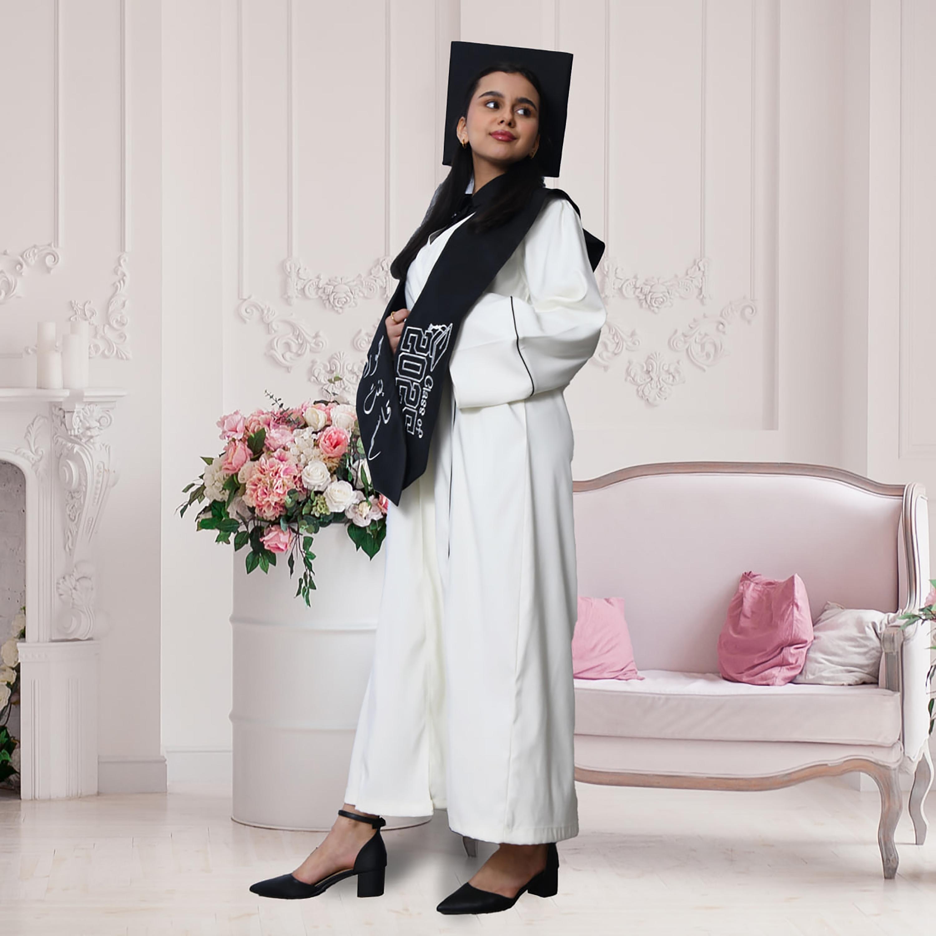 Hawraa 3-Piece White Flared Cuff Sleeves Linen Formal Girls Graduation Abaya and Stole with Cap Set-girls-arabicclothing-abayas-image-1