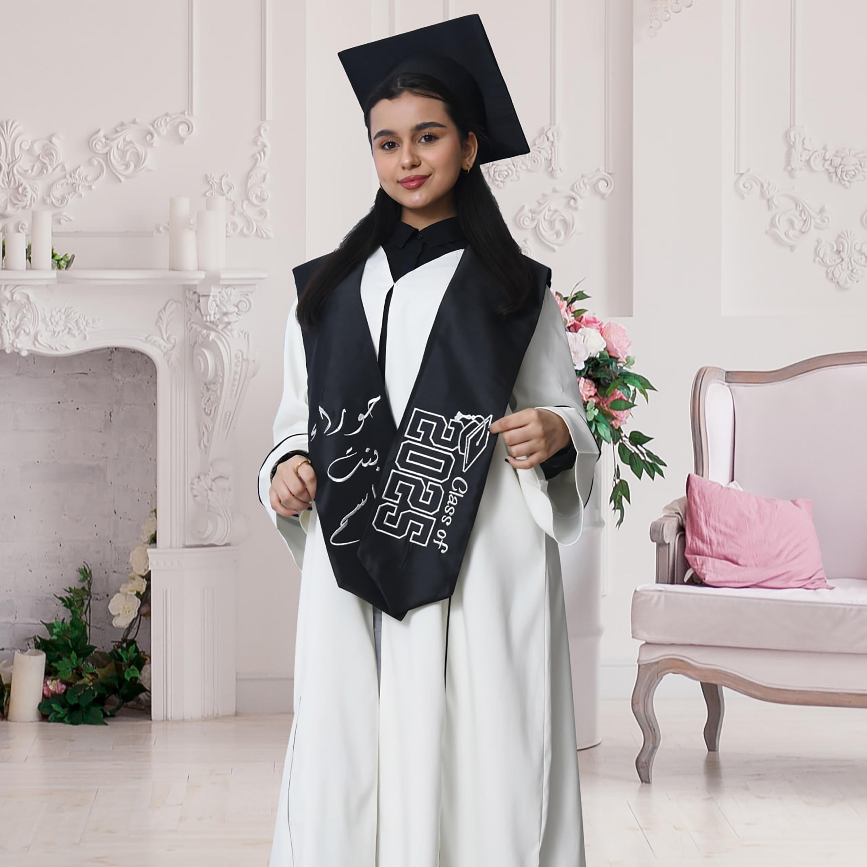 Hawraa 3-Piece White Flared Cuff Sleeves Linen Formal Girls Graduation Abaya and Stole with Cap Set-girls-arabicclothing-abayas-image-2