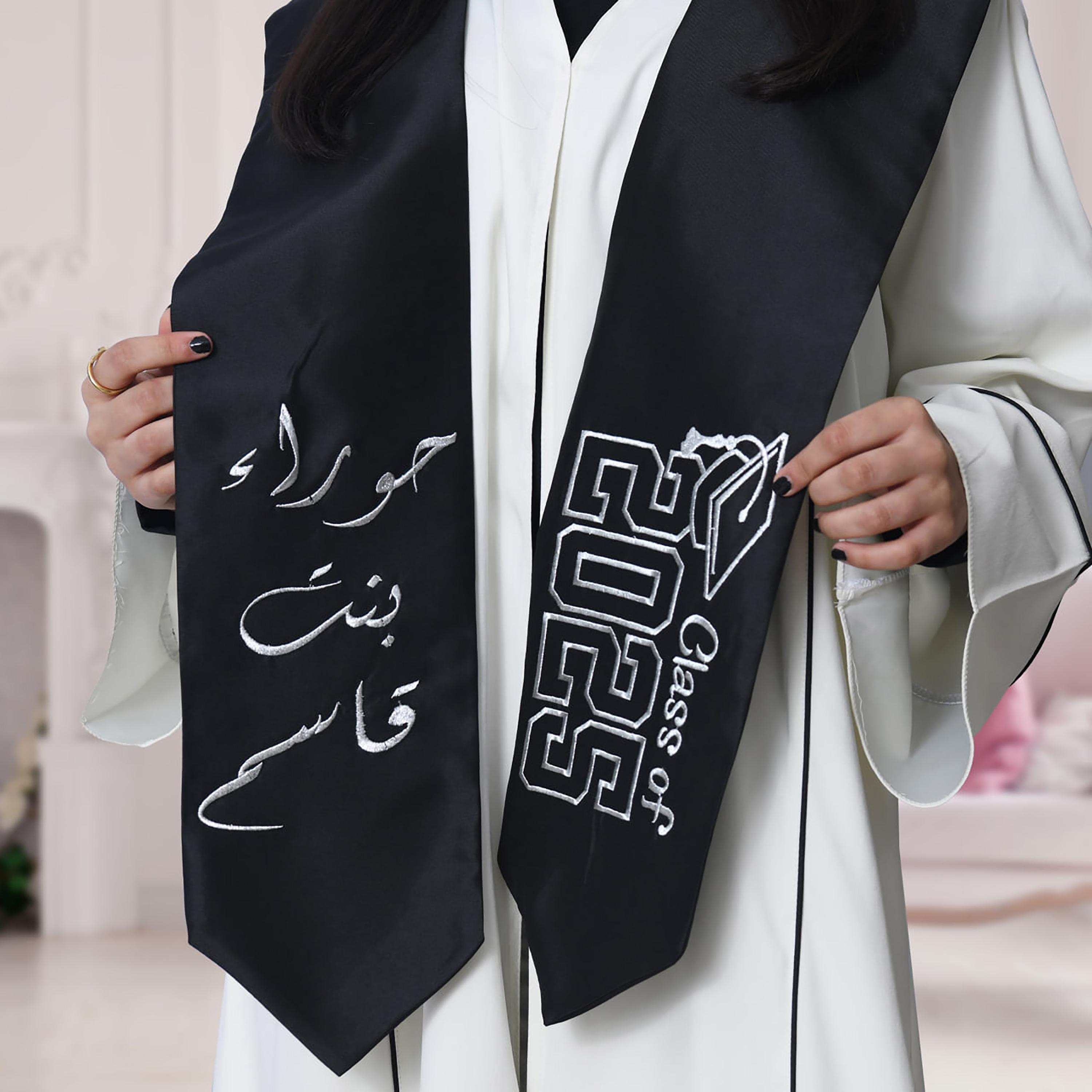 Hawraa 3-Piece White Flared Cuff Sleeves Linen Formal Girls Graduation Abaya and Stole with Cap Set-girls-arabicclothing-abayas-image-3