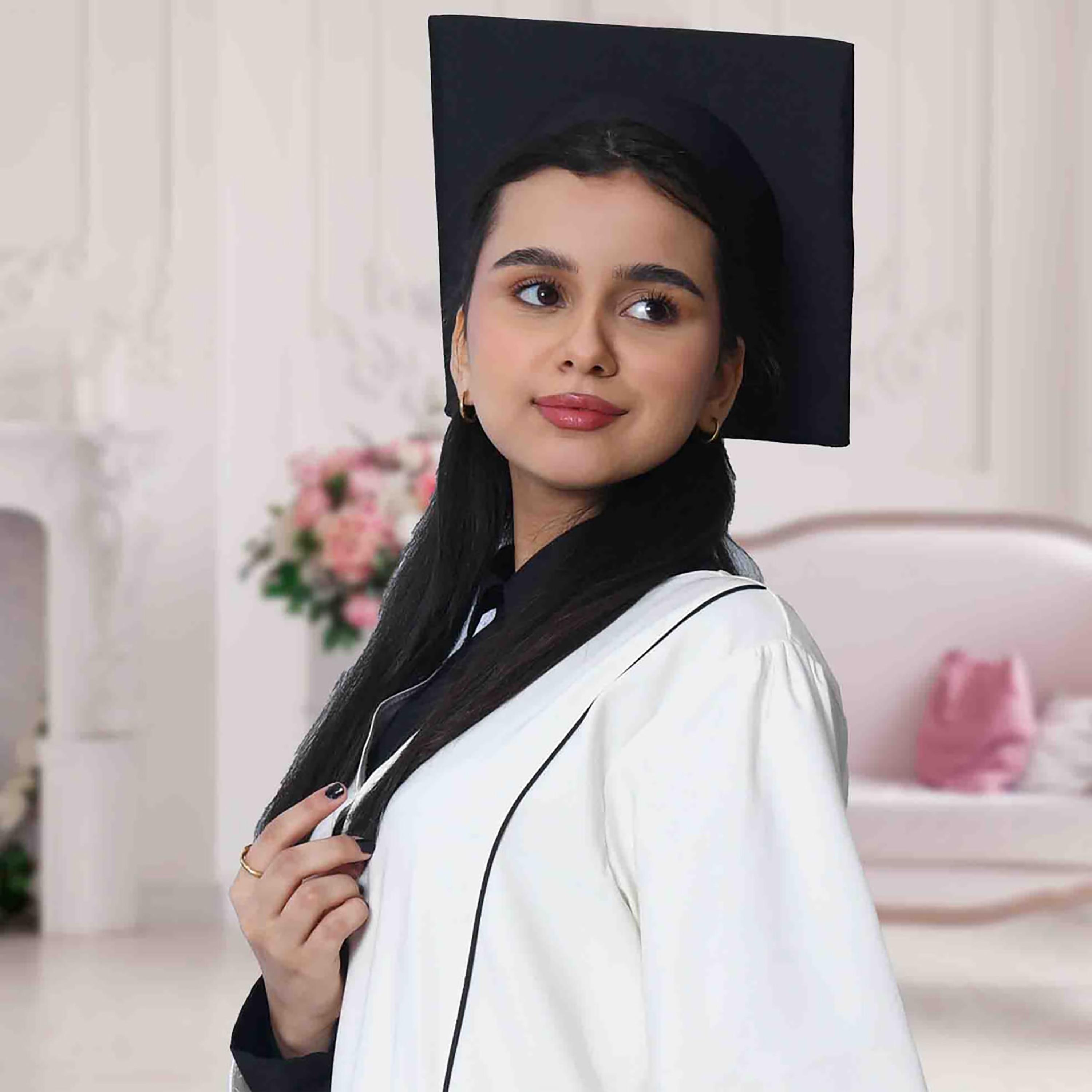 Hawraa 3-Piece White Flared Cuff Sleeves Linen Formal Girls Graduation Abaya and Stole with Cap Set-girls-arabicclothing-abayas-image-4