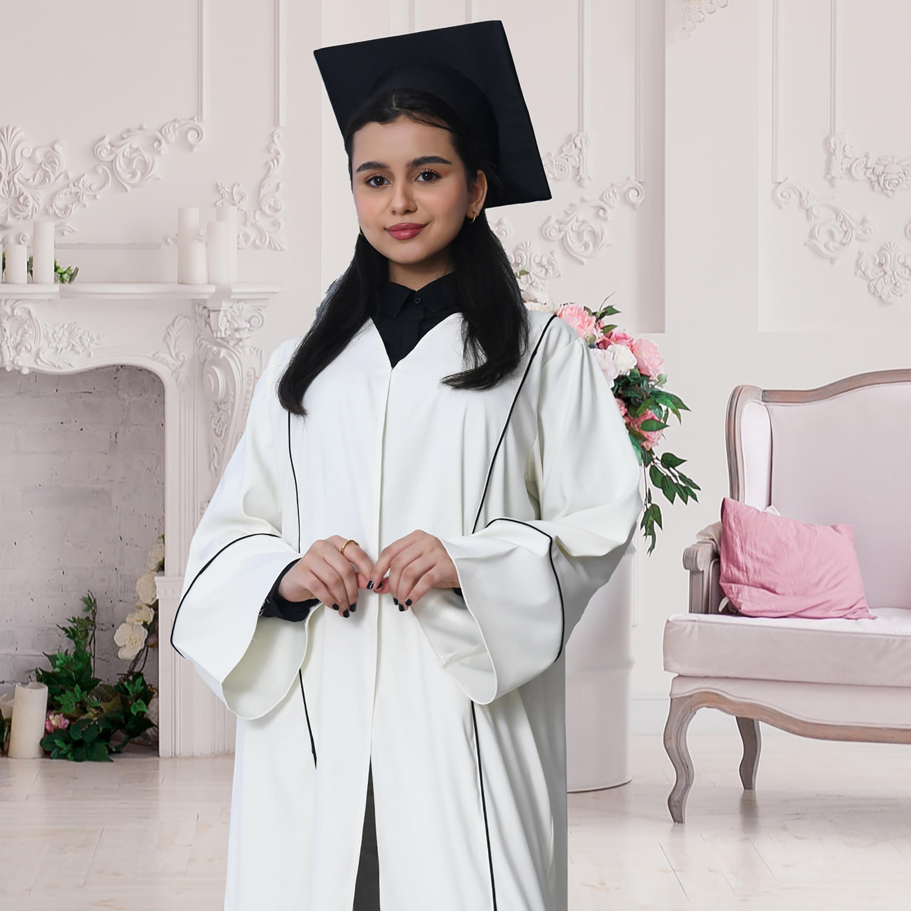 Hawraa 3-Piece White Flared Cuff Sleeves Linen Formal Girls Graduation Abaya and Stole with Cap Set-girls-arabicclothing-abayas-image-5