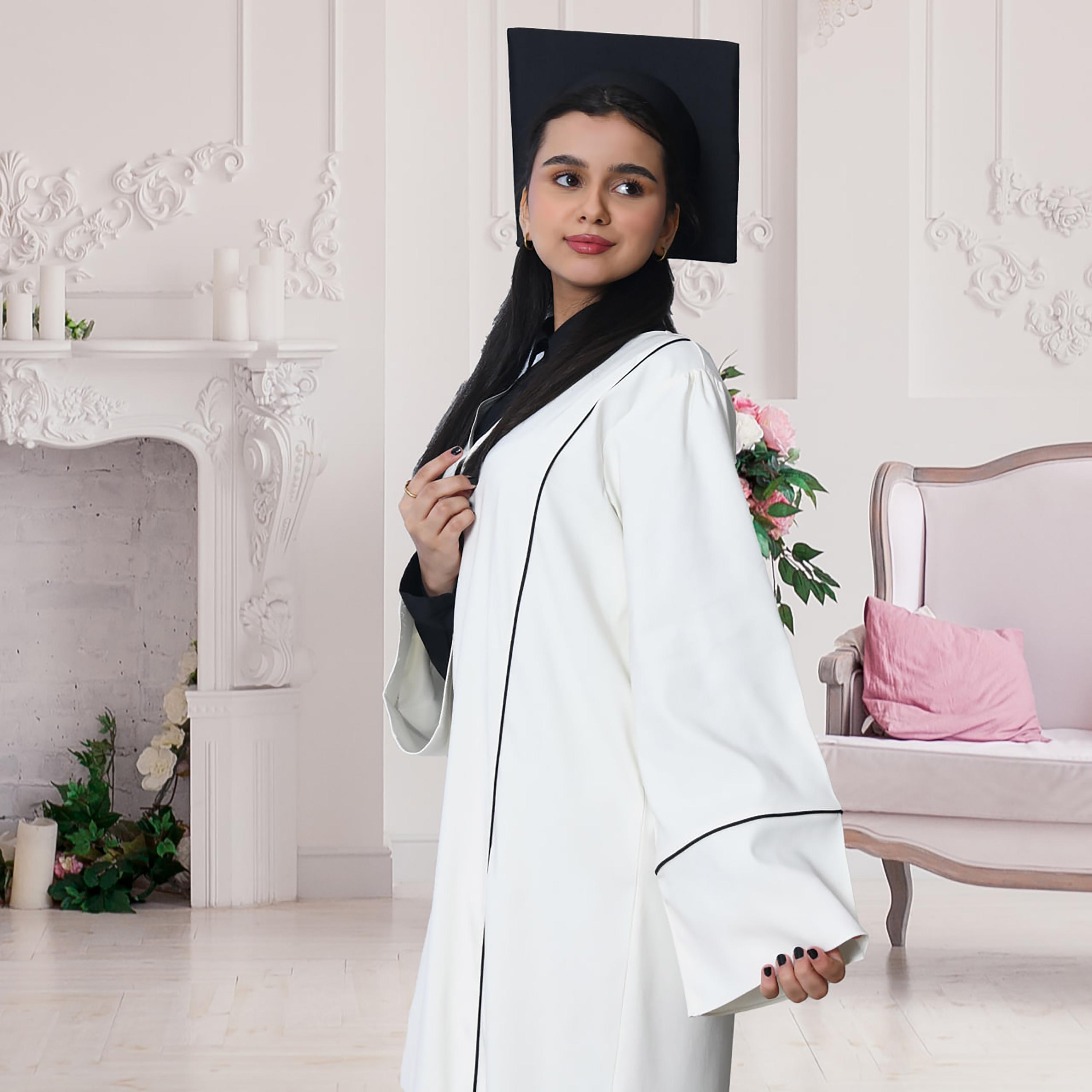 Hawraa 3-Piece White Flared Cuff Sleeves Linen Formal Girls Graduation Abaya and Stole with Cap Set-girls-arabicclothing-abayas-image-6