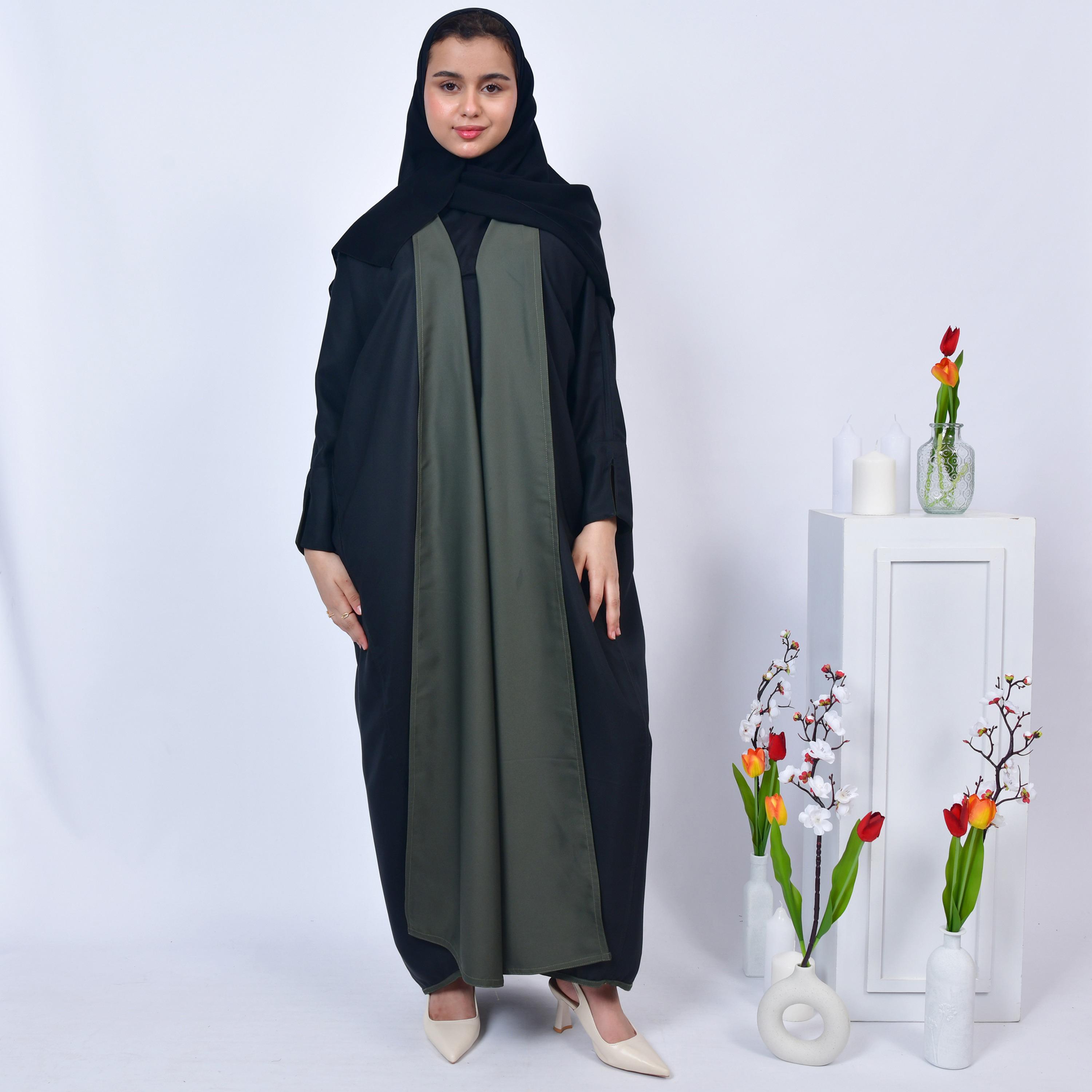 Hawraa Multicolour Colour Blocked Open-Front Neck Crepe Girls Abaya with Hijab-girls-arabicclothing-abayas-image-1