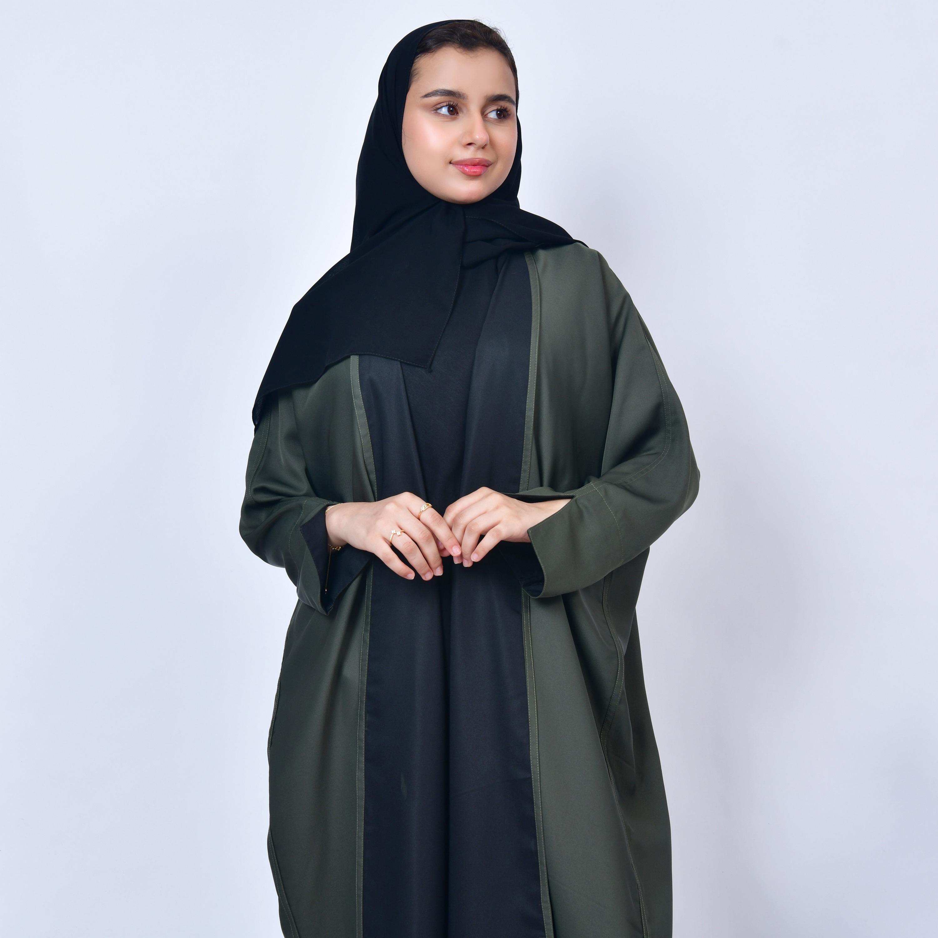 Hawraa Multicolour Colour Blocked Open-Front Neck Crepe Girls Abaya with Hijab-girls-arabicclothing-abayas-image-2