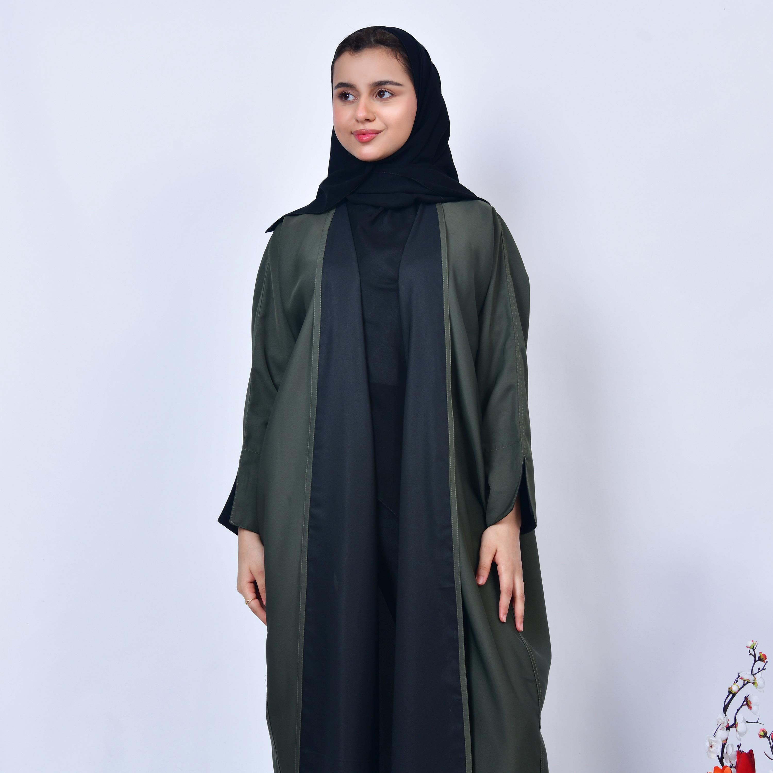 Hawraa Multicolour Colour Blocked Open-Front Neck Crepe Girls Abaya with Hijab-girls-arabicclothing-abayas-image-3