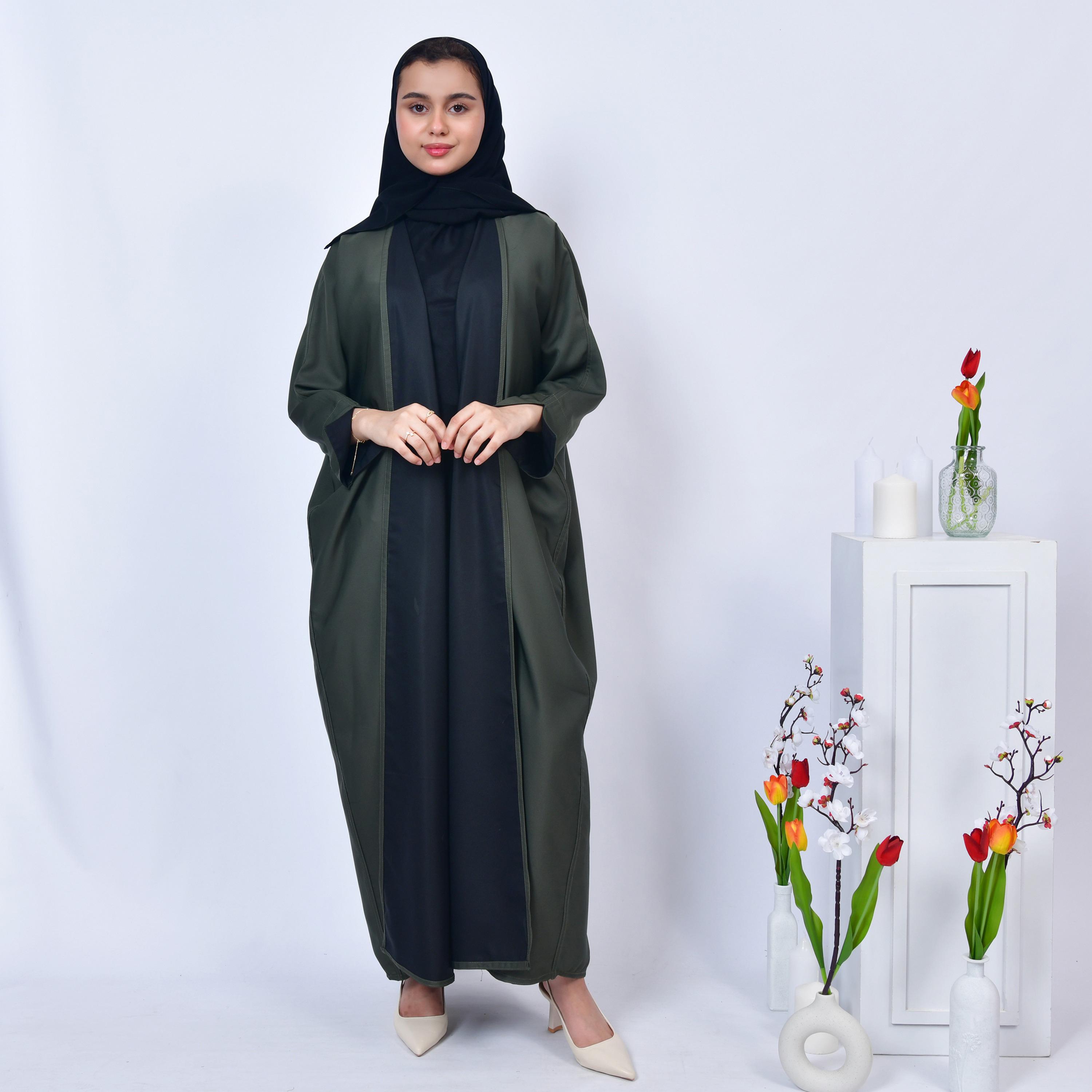 Hawraa Multicolour Colour Blocked Open-Front Neck Crepe Girls Abaya with Hijab-girls-arabicclothing-abayas-image-4