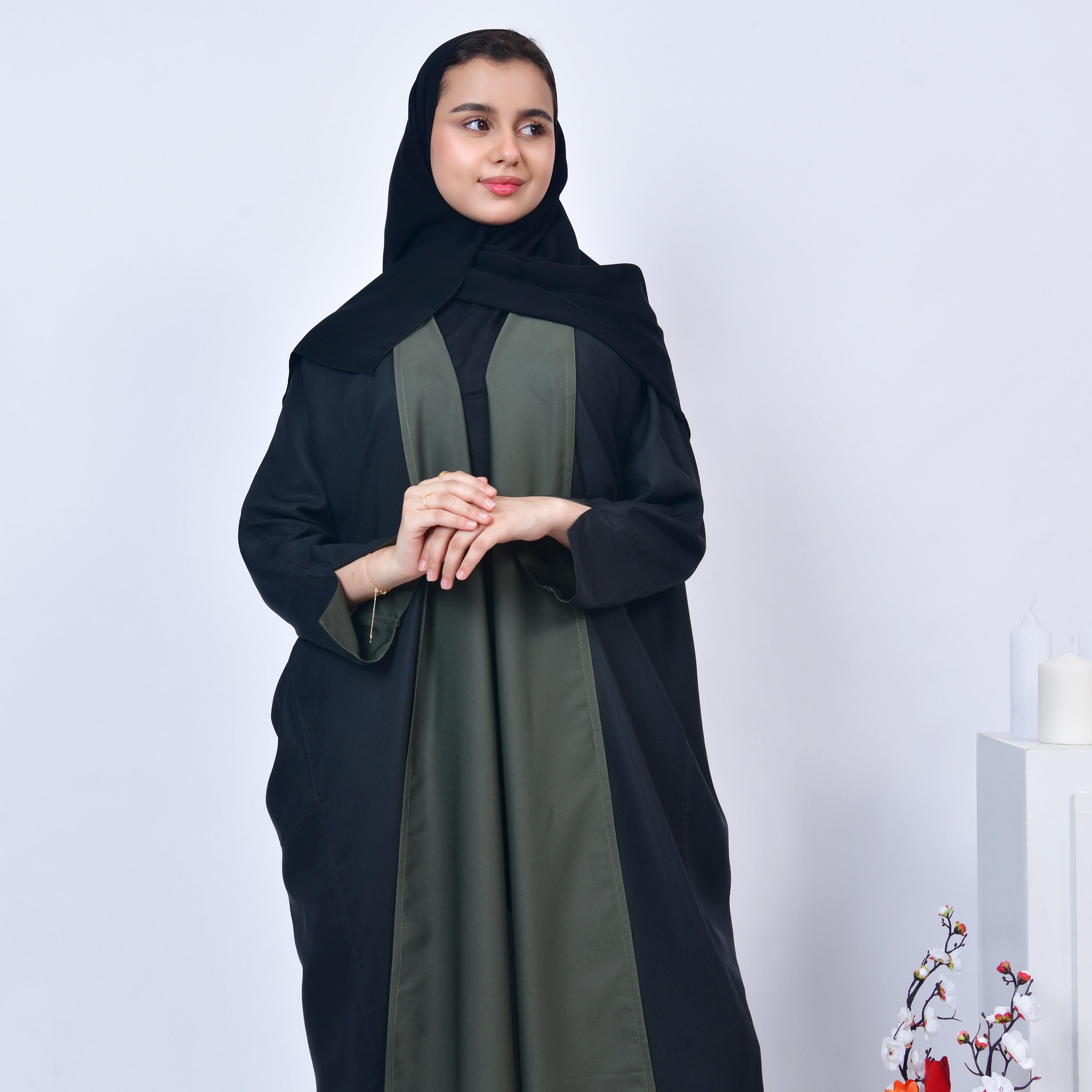 Hawraa Multicolour Colour Blocked Open-Front Neck Crepe Girls Abaya with Hijab-girls-arabicclothing-abayas-image-6