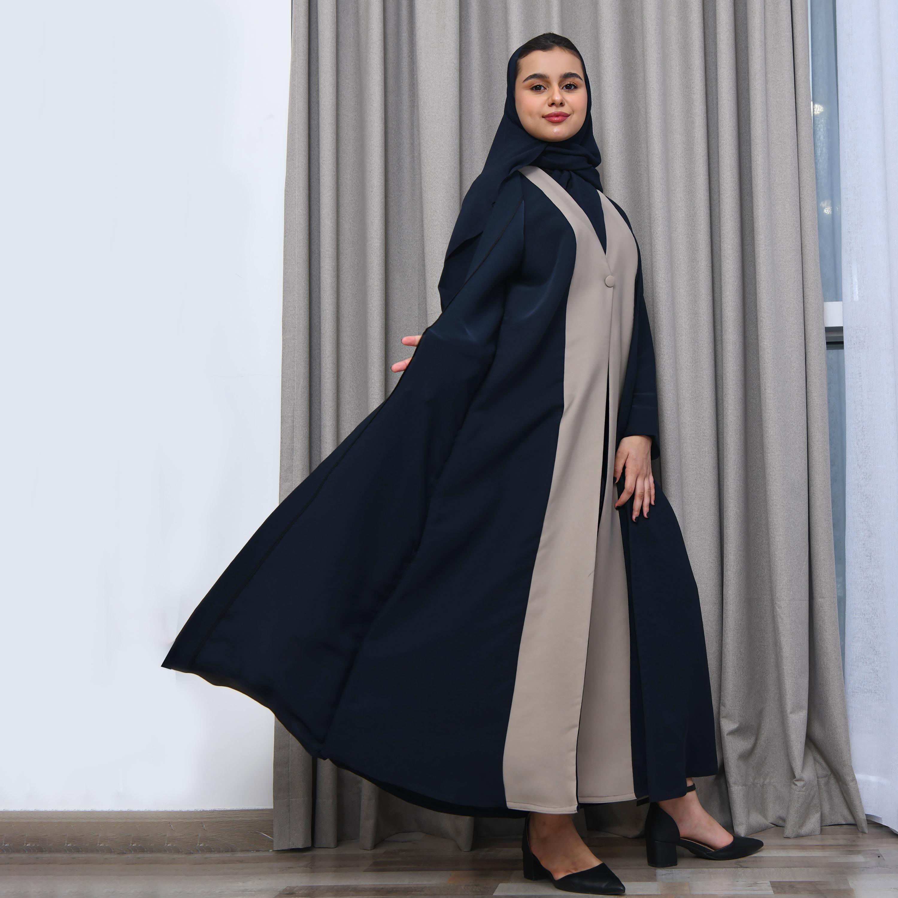 Hawraa Blue Colour Block Lapel Collared Linen Girls Abaya-girls-arabicclothing-abayas-image-1