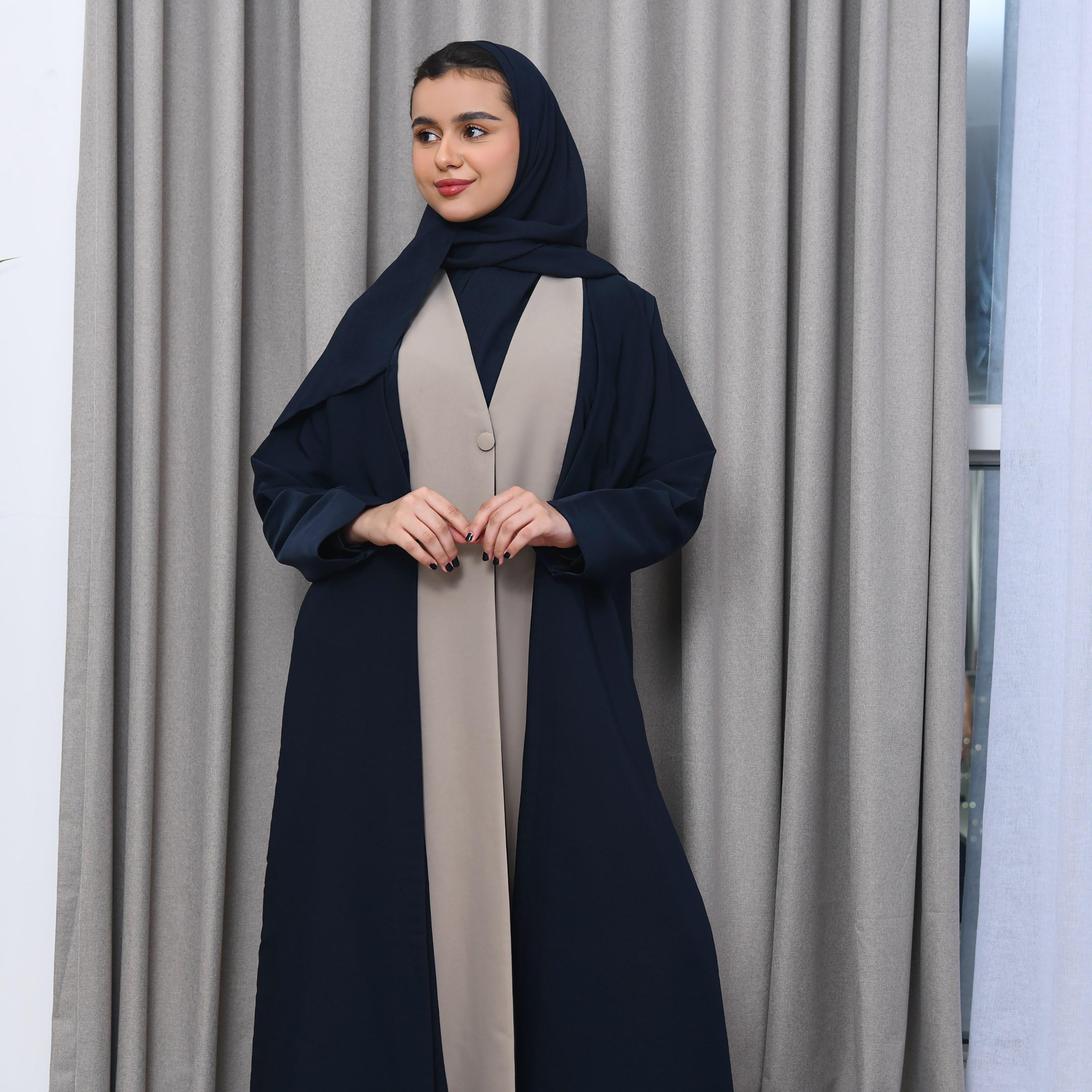 Hawraa Blue Colour Block Lapel Collared Linen Girls Abaya-girls-arabicclothing-abayas-image-2