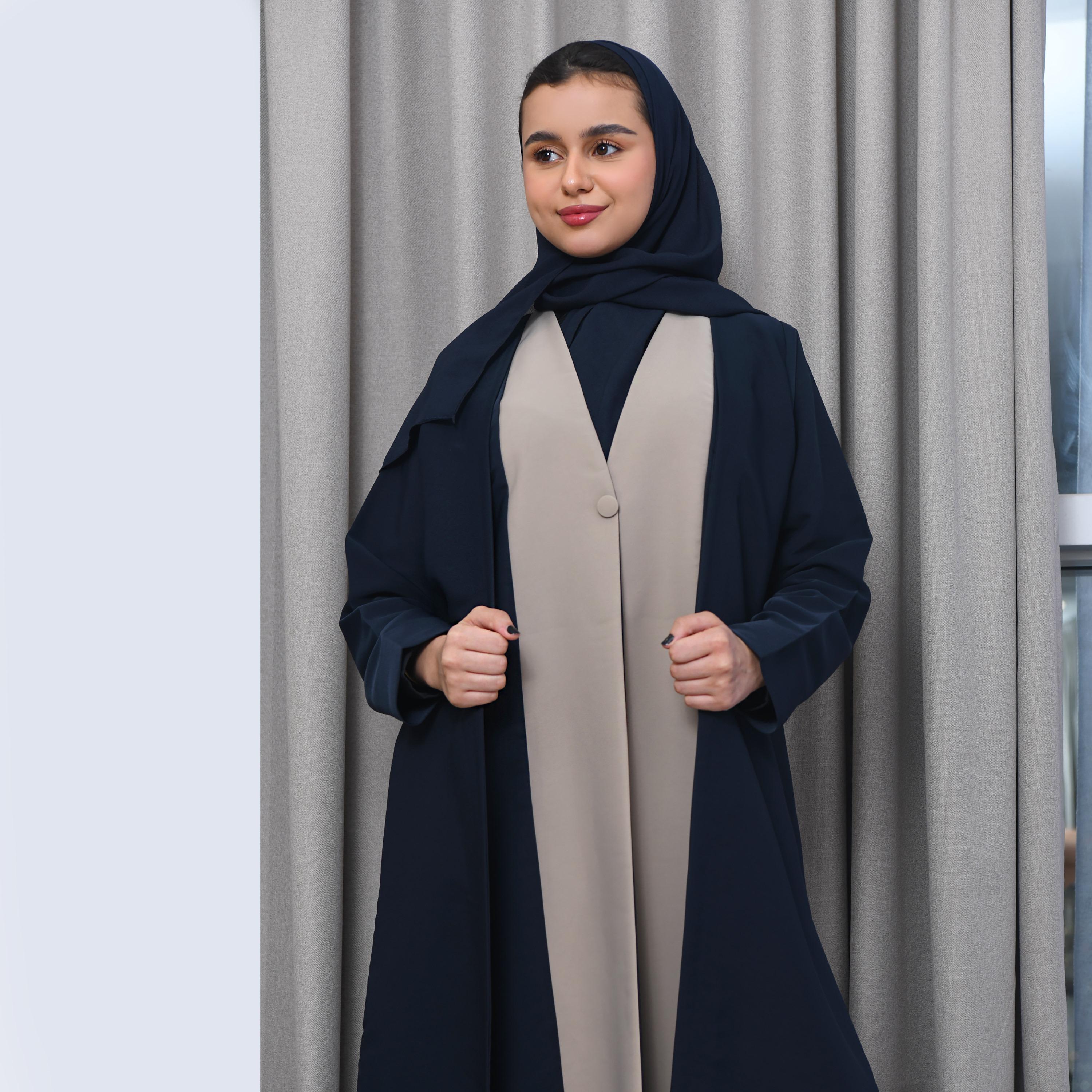 Hawraa Blue Colour Block Lapel Collared Linen Girls Abaya-girls-arabicclothing-abayas-image-4