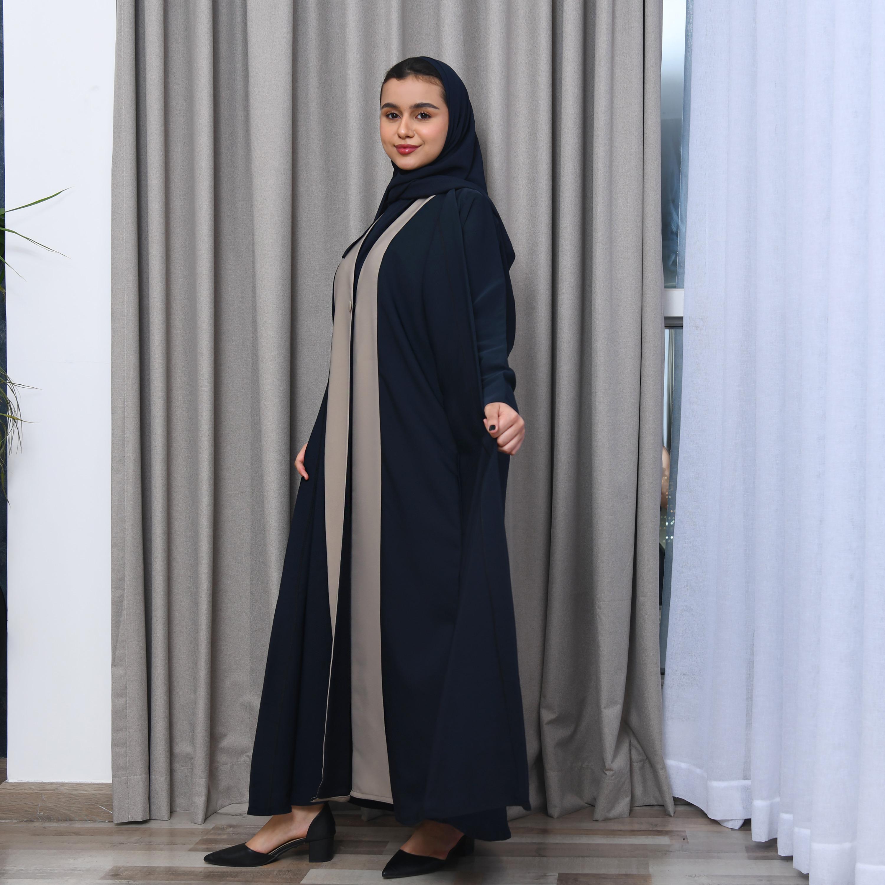 Hawraa Blue Colour Block Lapel Collared Linen Girls Abaya-girls-arabicclothing-abayas-image-5