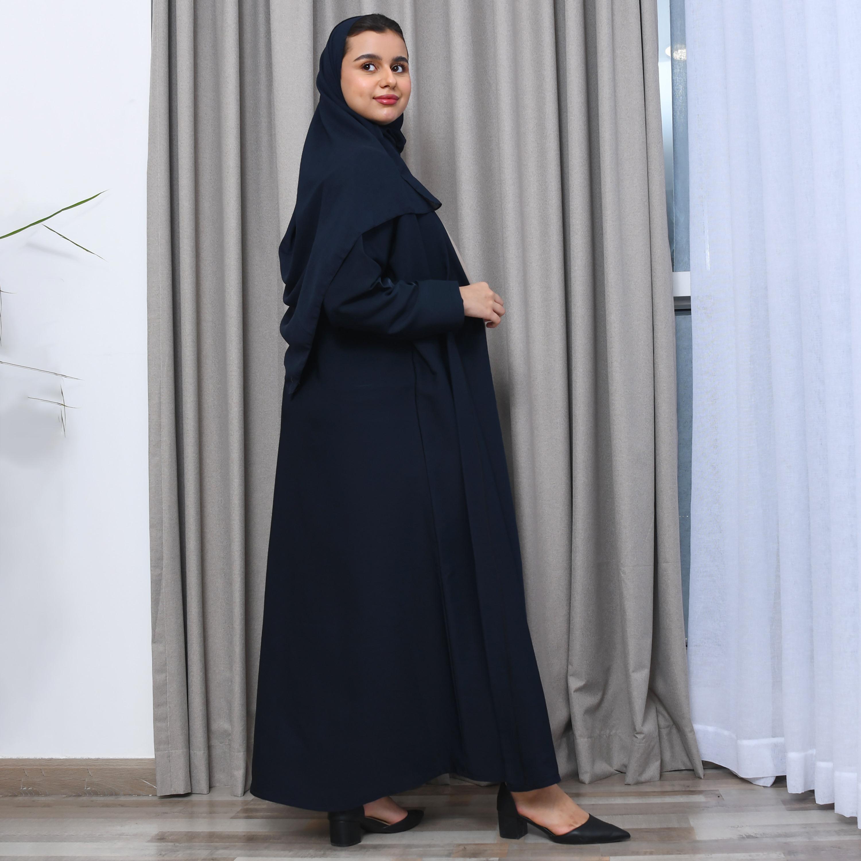 Hawraa Blue Colour Block Lapel Collared Linen Girls Abaya-girls-arabicclothing-abayas-image-6