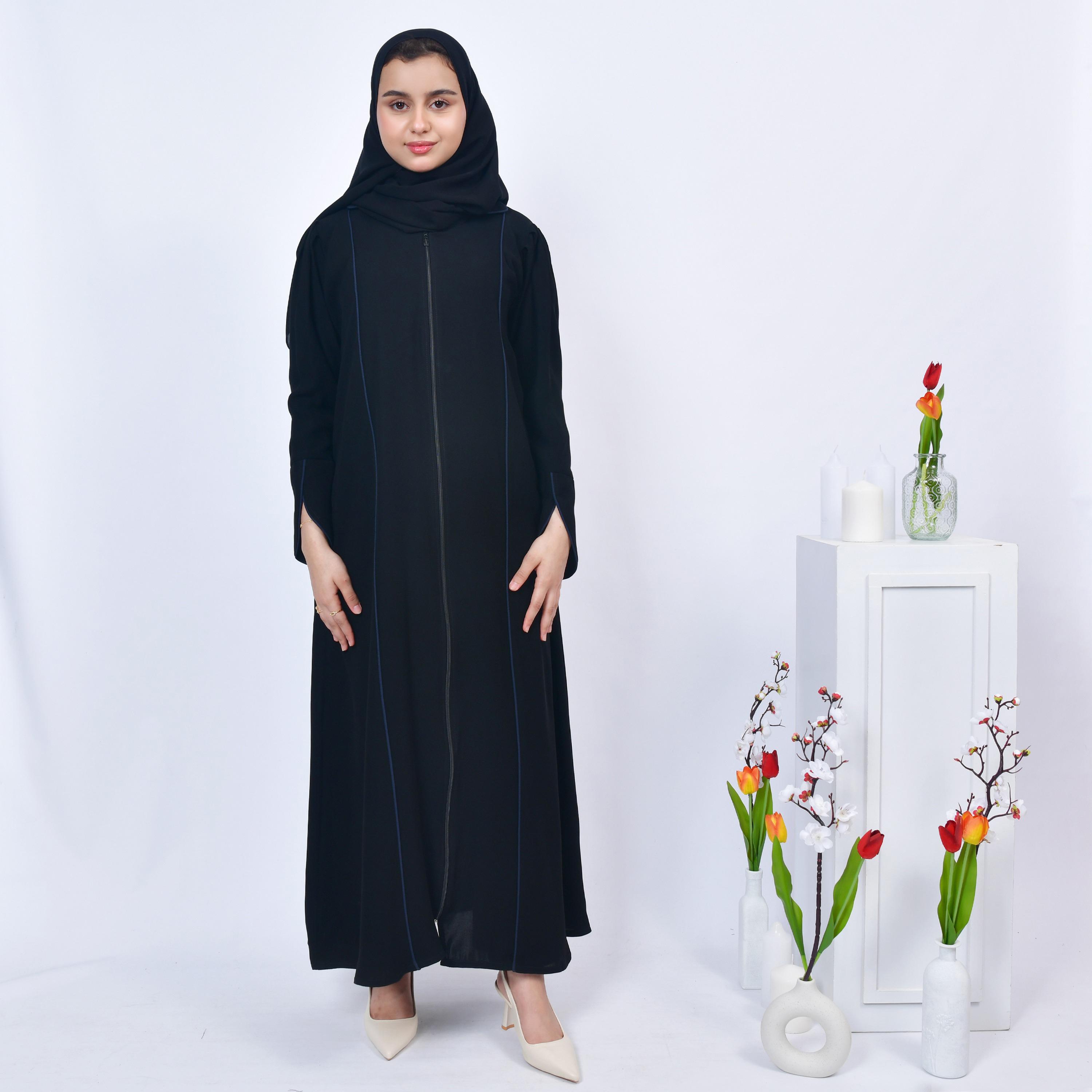 Hawraa Navy Blue Open-Front Neck Slit Detail Sleeves Crepe Girls Abaya with Hijab-girls-arabicclothing-abayas-image-1