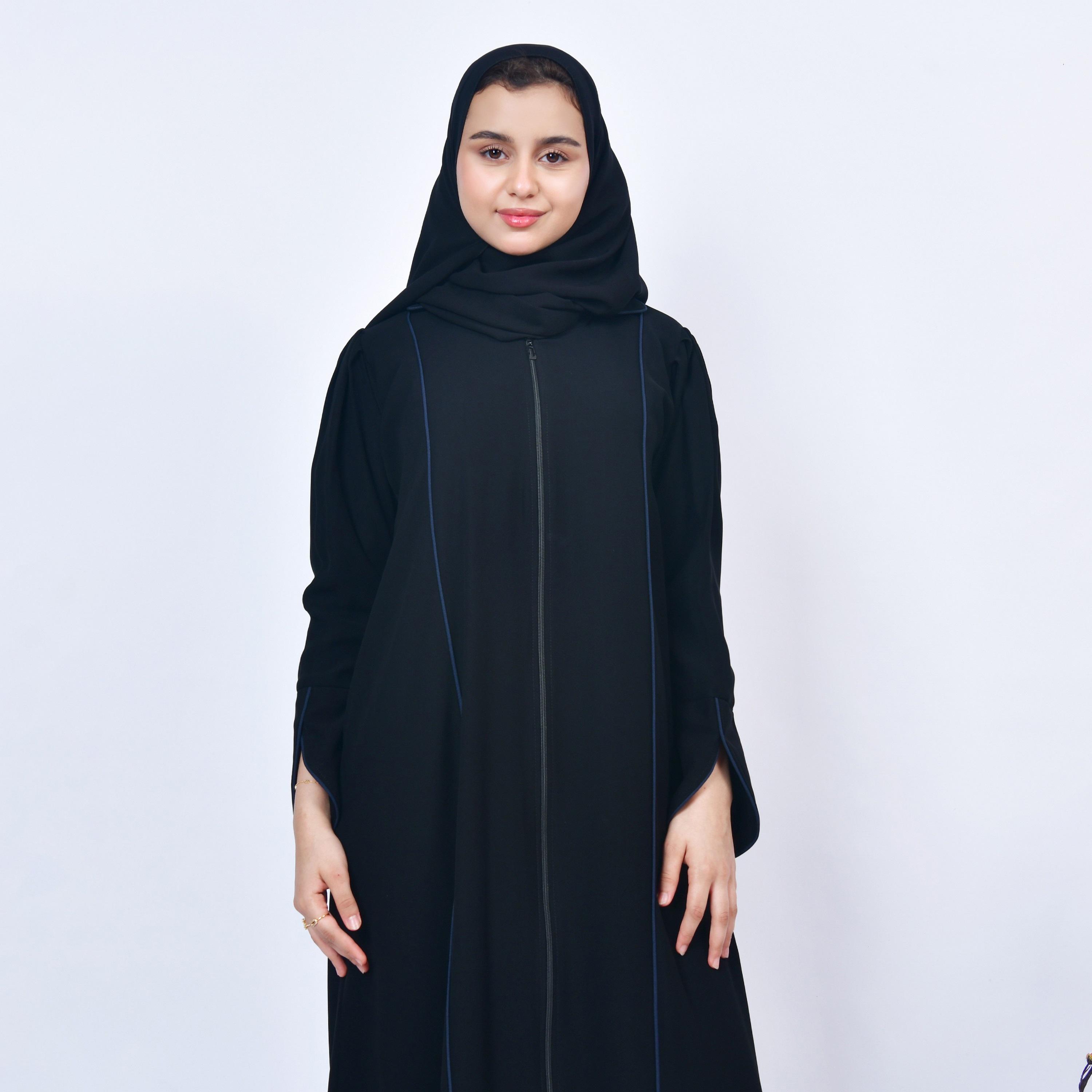 Hawraa Navy Blue Open-Front Neck Slit Detail Sleeves Crepe Girls Abaya with Hijab-girls-arabicclothing-abayas-image-2