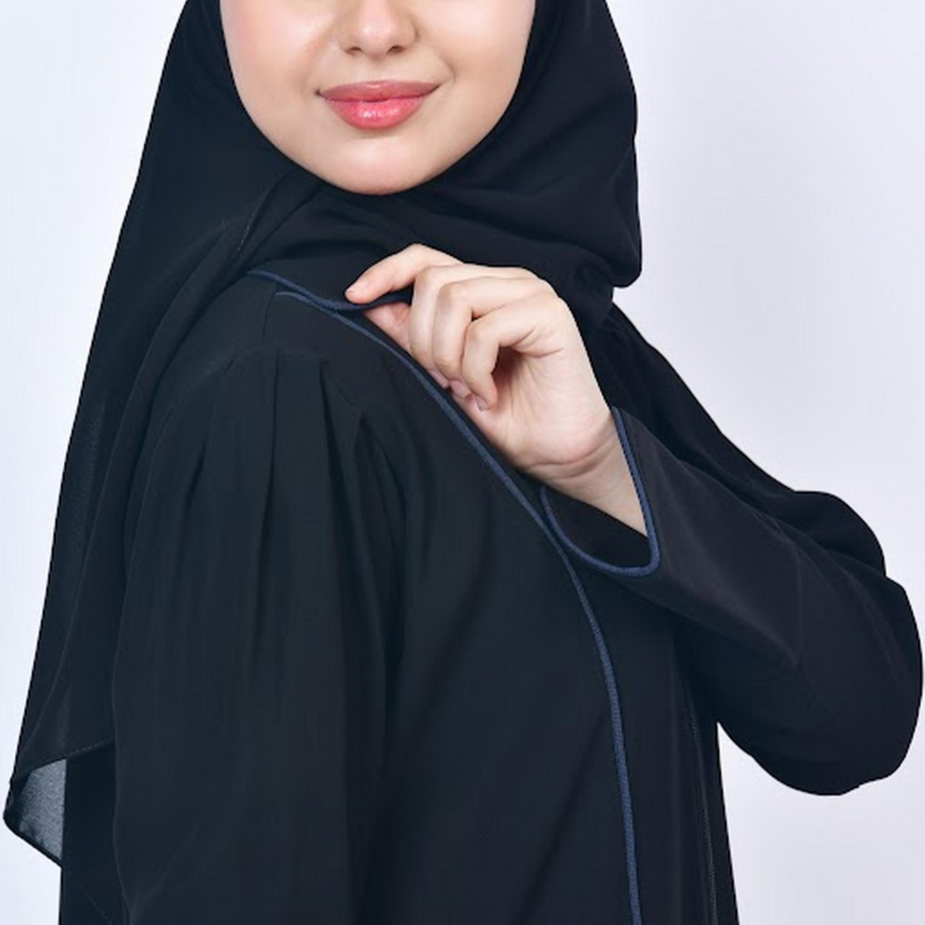 Hawraa Navy Blue Open-Front Neck Slit Detail Sleeves Crepe Girls Abaya with Hijab-girls-arabicclothing-abayas-image-3