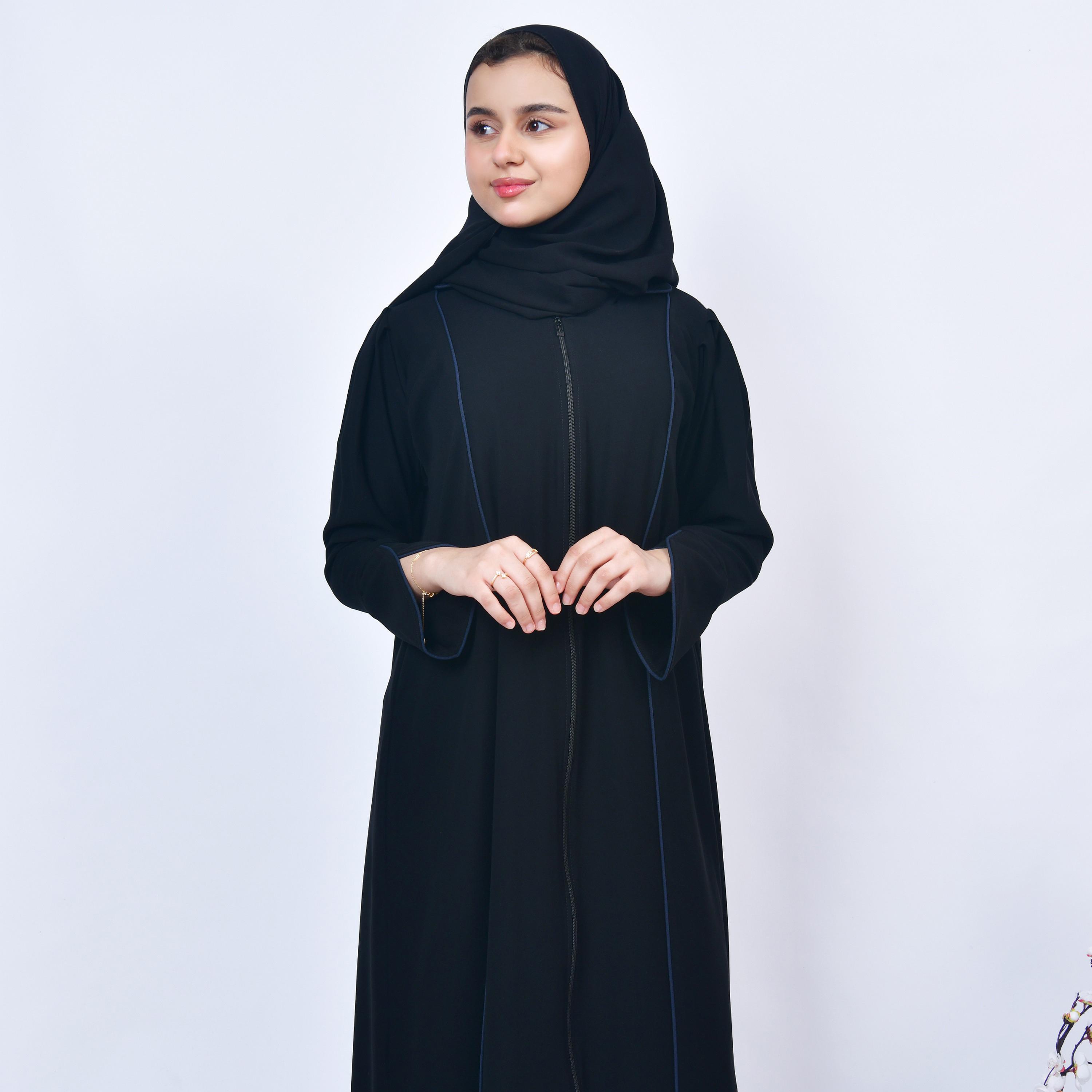 Hawraa Navy Blue Open-Front Neck Slit Detail Sleeves Crepe Girls Abaya with Hijab-girls-arabicclothing-abayas-image-4